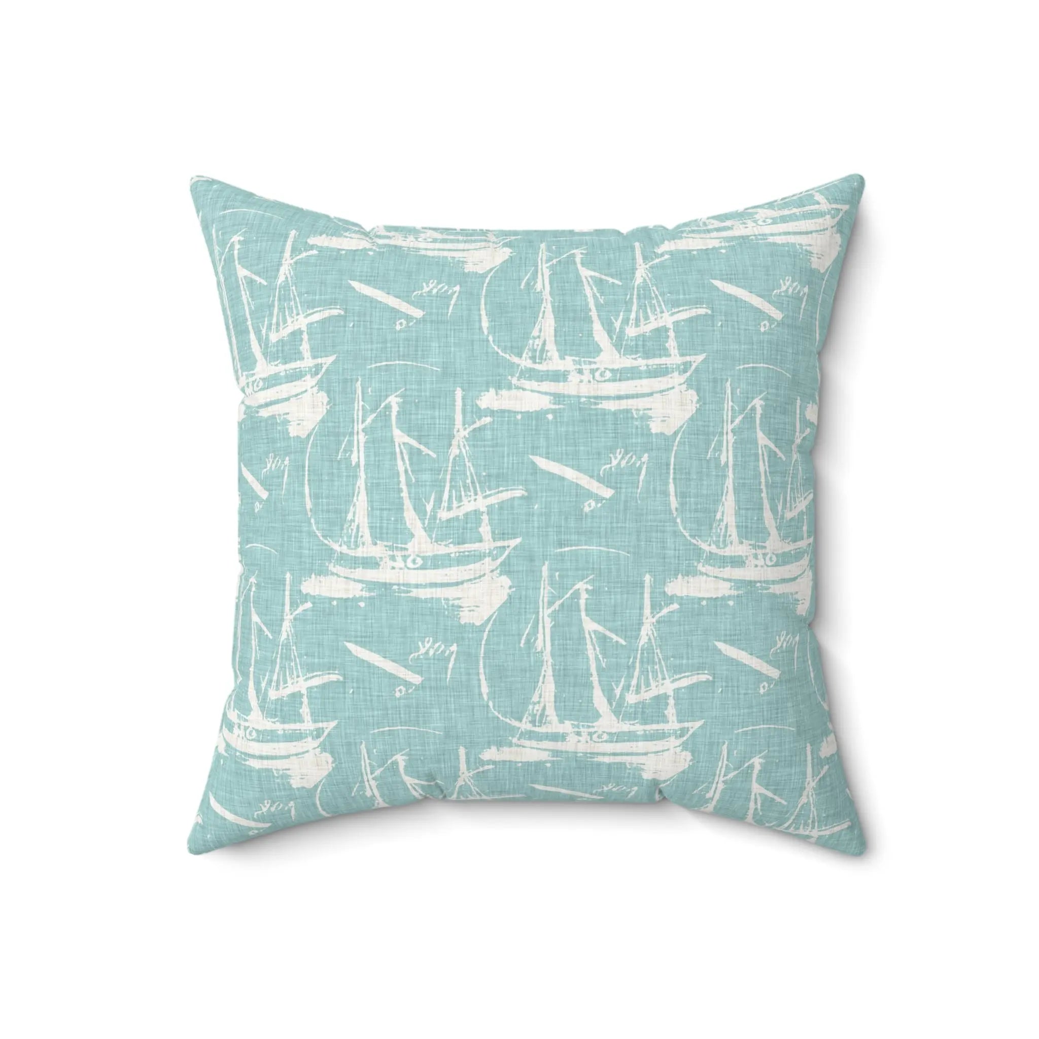 Marblehead Sail Throw Pillow with seafoam blue background and white sailboat silhouettes in a square pattern.