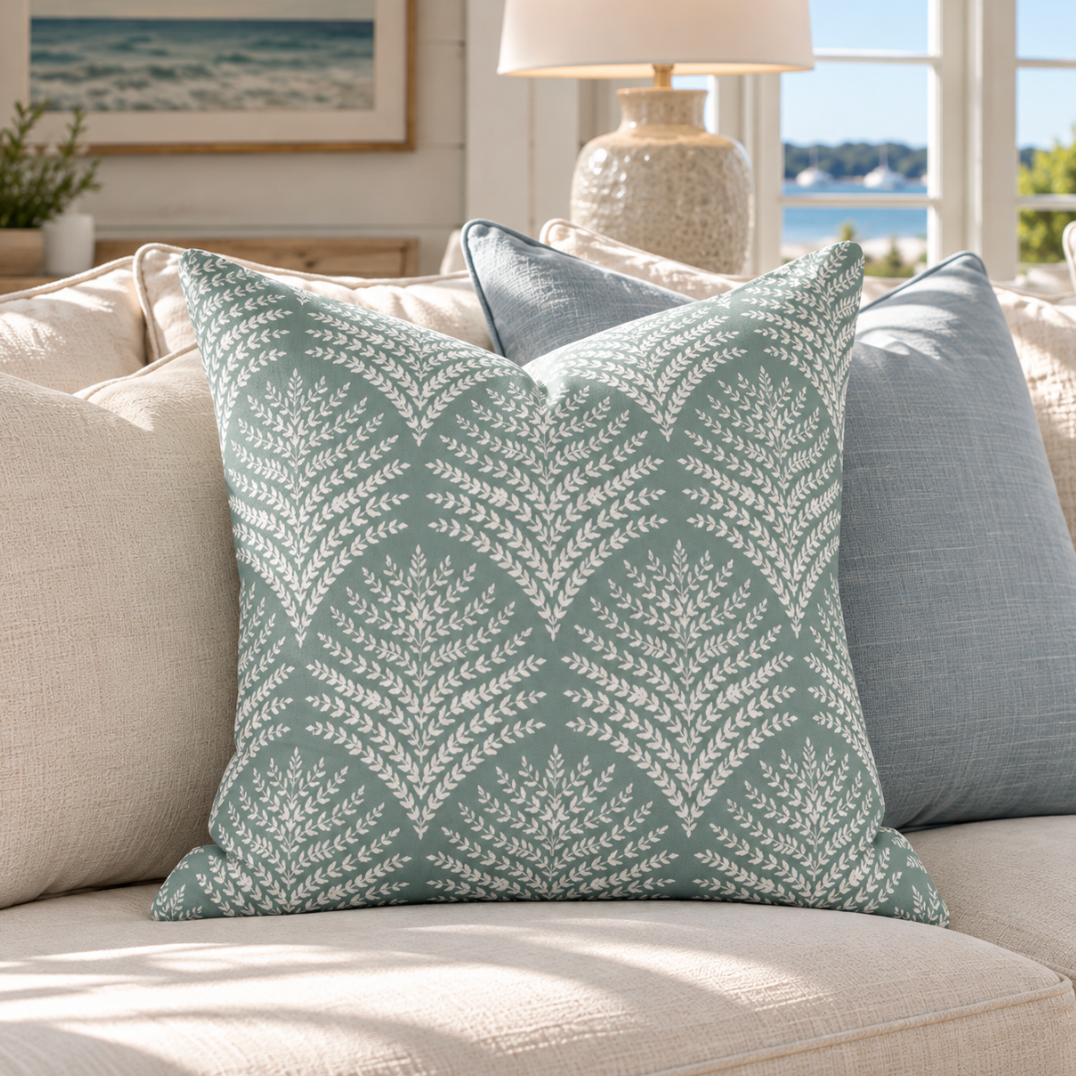 Seafoam decorative pillow featuring a delicate shell-like pattern for coastal home décor.