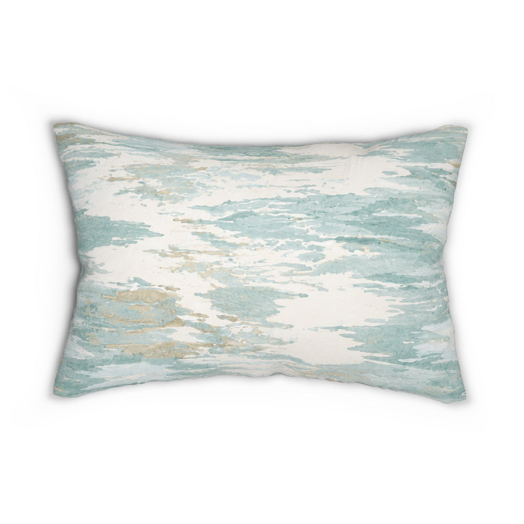Seafoam watercolor abstract lumbar pillow designed for a beach house living room or neutral sofa.