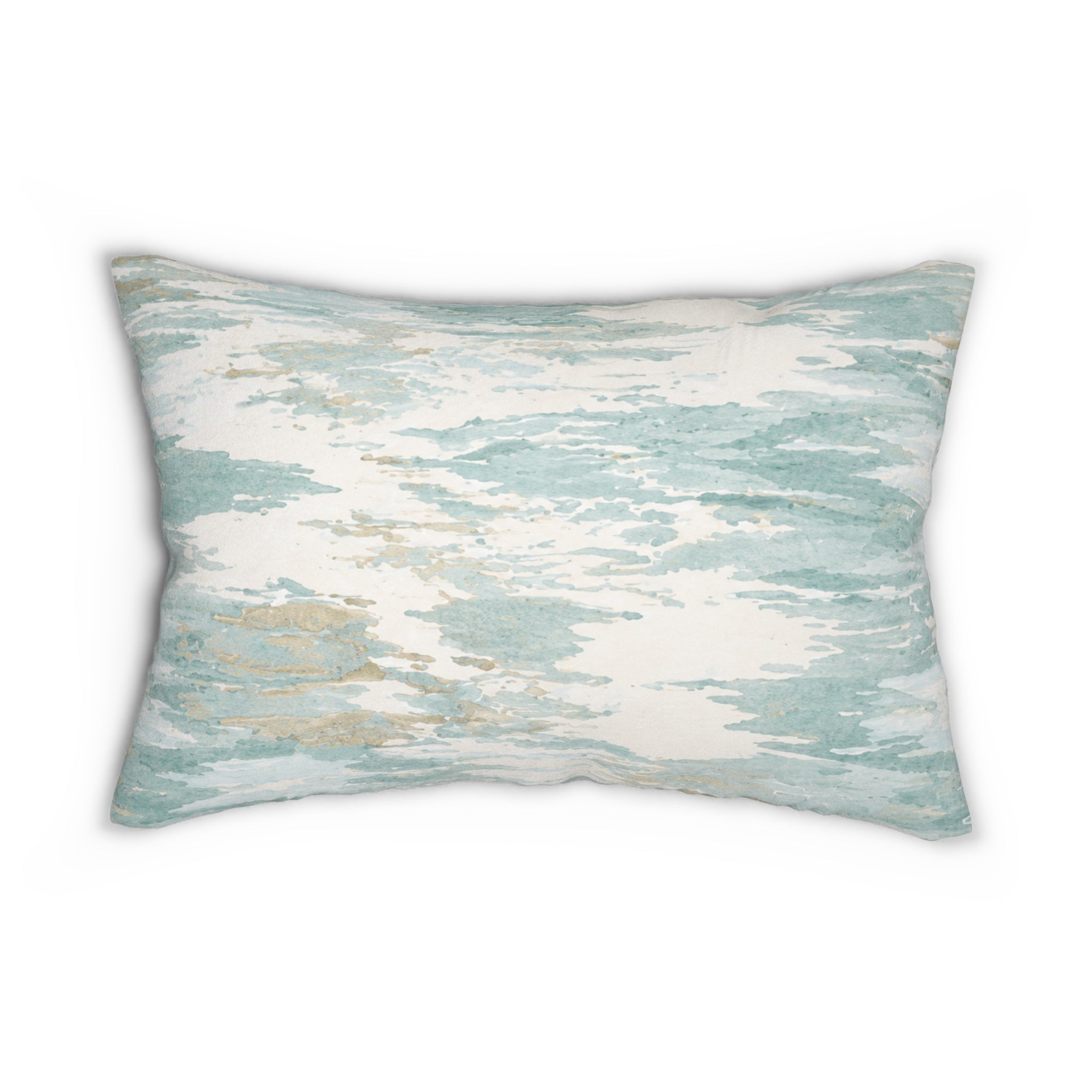Seafoam watercolor abstract lumbar pillow designed for a beach house living room or neutral sofa.