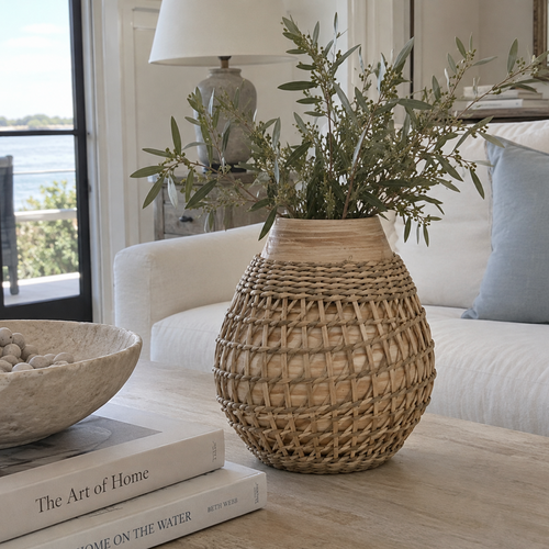 Seagrass and bamboo decorative vase for neutral home decor