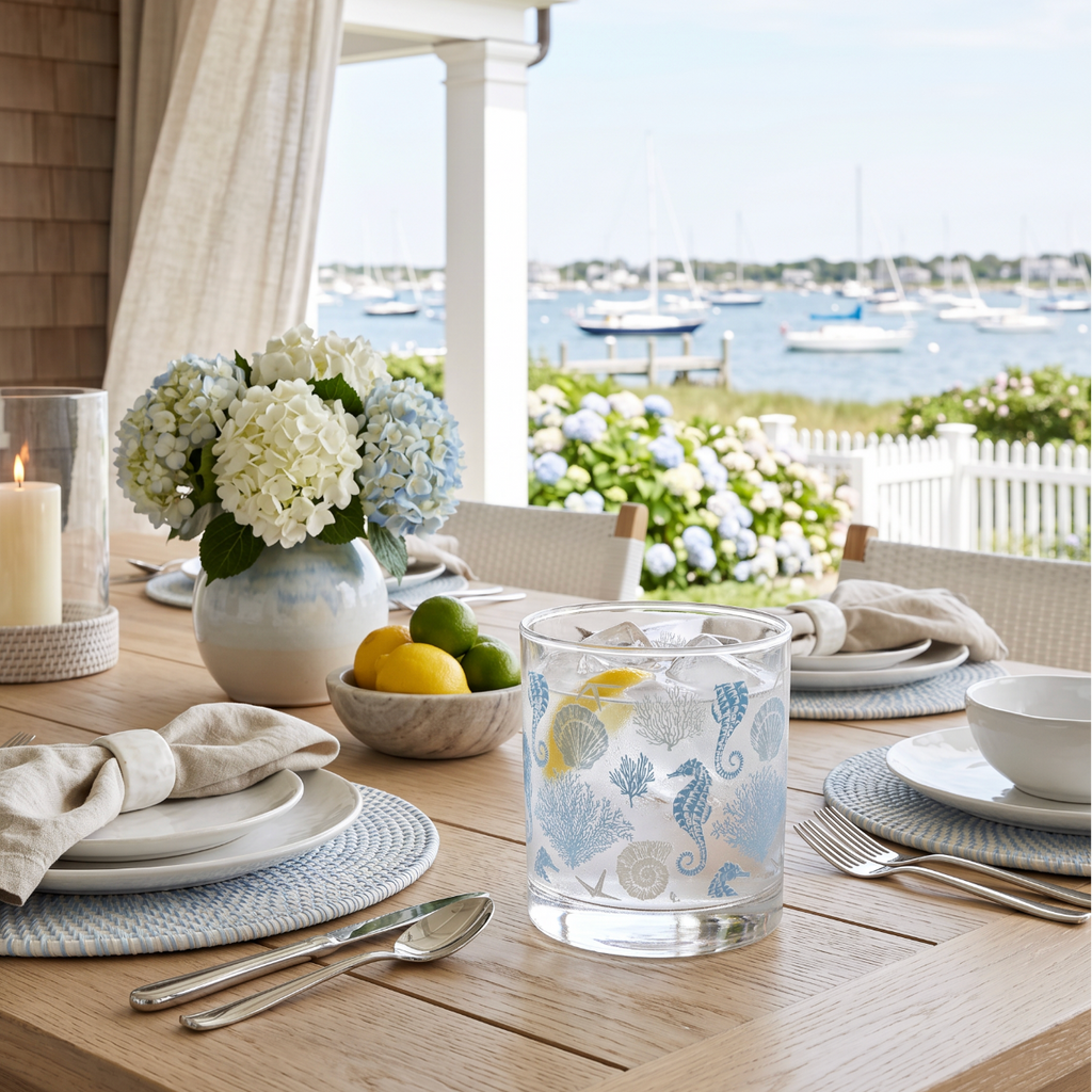 Seahorse ocean pattern cocktail glass with a coastal beach-inspired design.