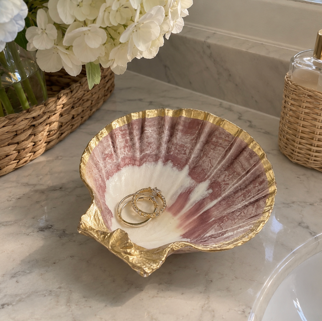 Seashell catchall dish for coastal decor styled on an entryway table