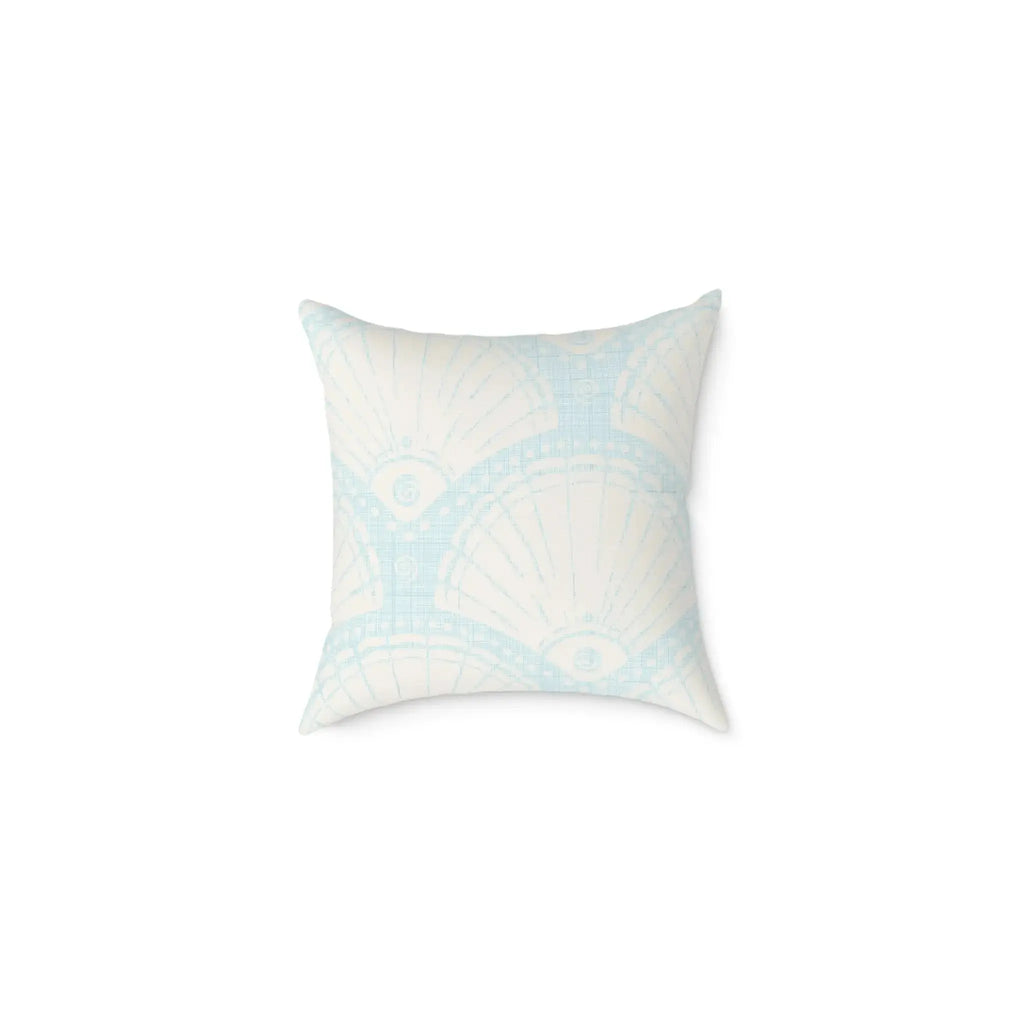 Coastal blue throw pillow with a seashell fan pattern on square canvas.