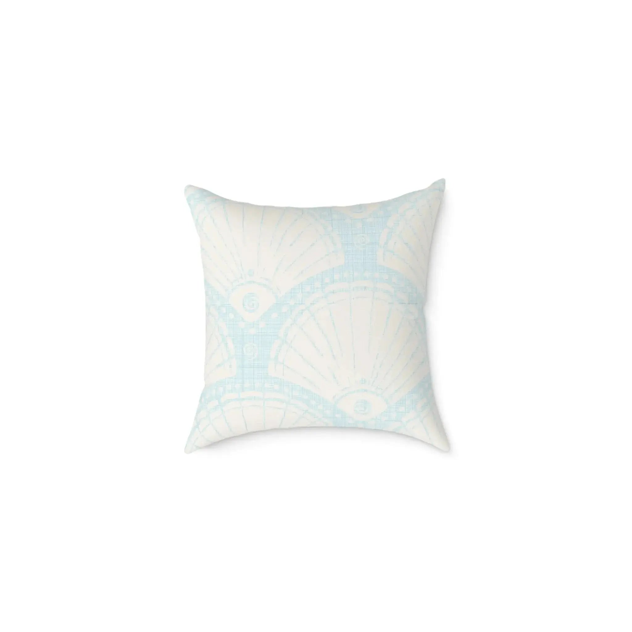 Coastal blue throw pillow with a seashell fan pattern on square canvas.