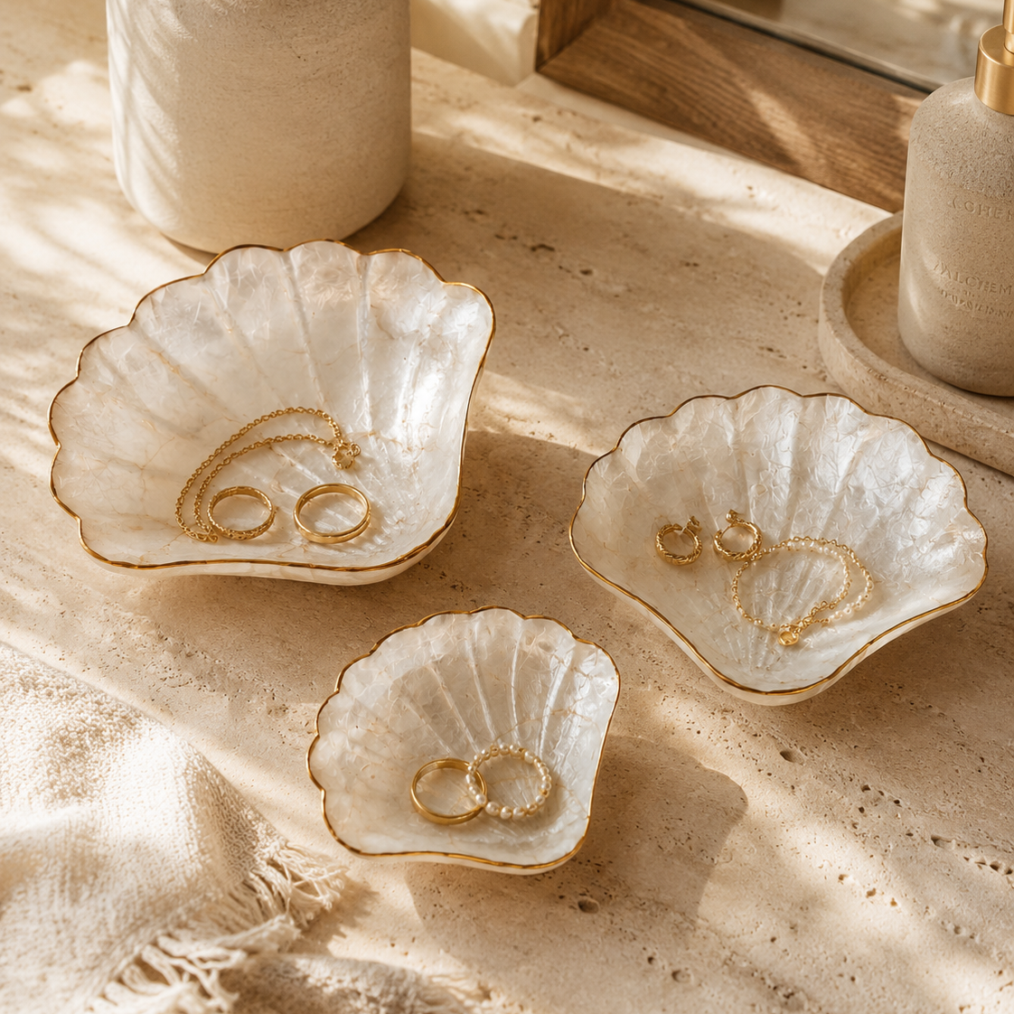 Shell-shaped catchall dish with an iridescent finish for coastal decor.