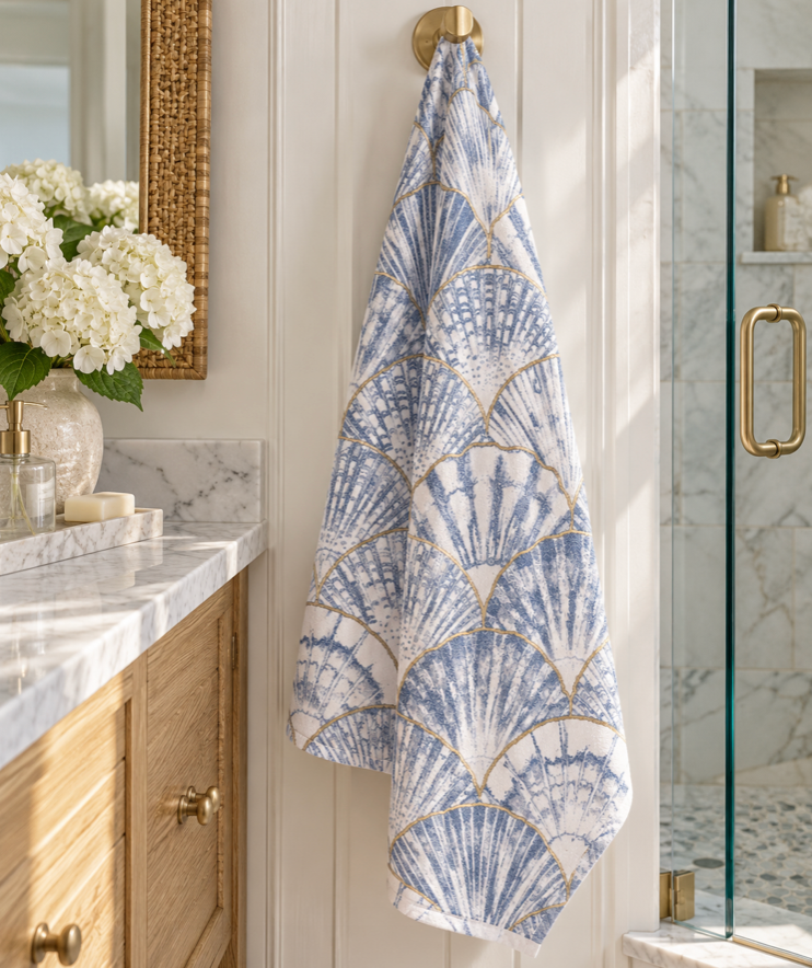 Blue and white seashell pattern bath towel for coastal decor