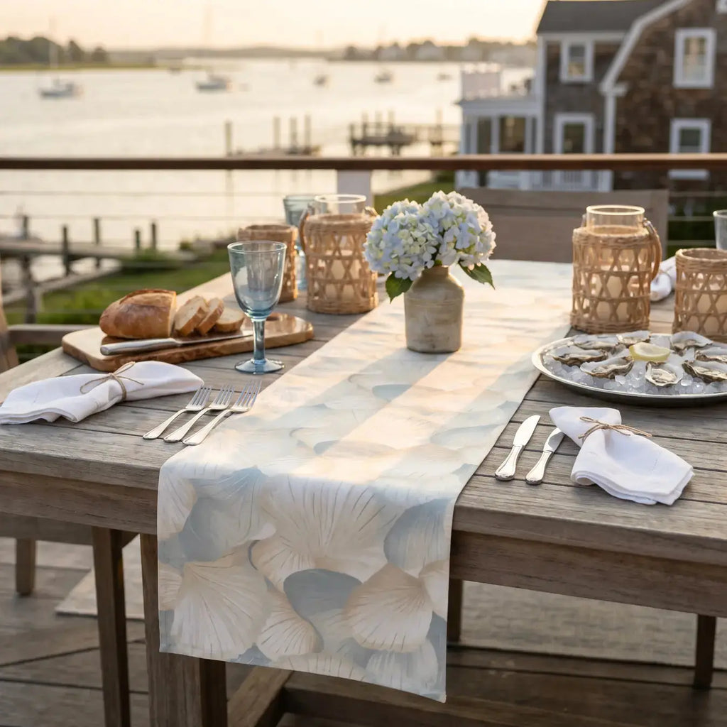 Seashell pattern table runner styled with white plates and driftwood accents