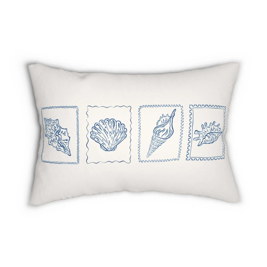 Seashell Reverie lumbar pillow by Printify; white throw pillow with blue shell illustrations.