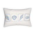 Seashell Reverie lumbar pillow by Printify; white throw pillow with blue shell illustrations.