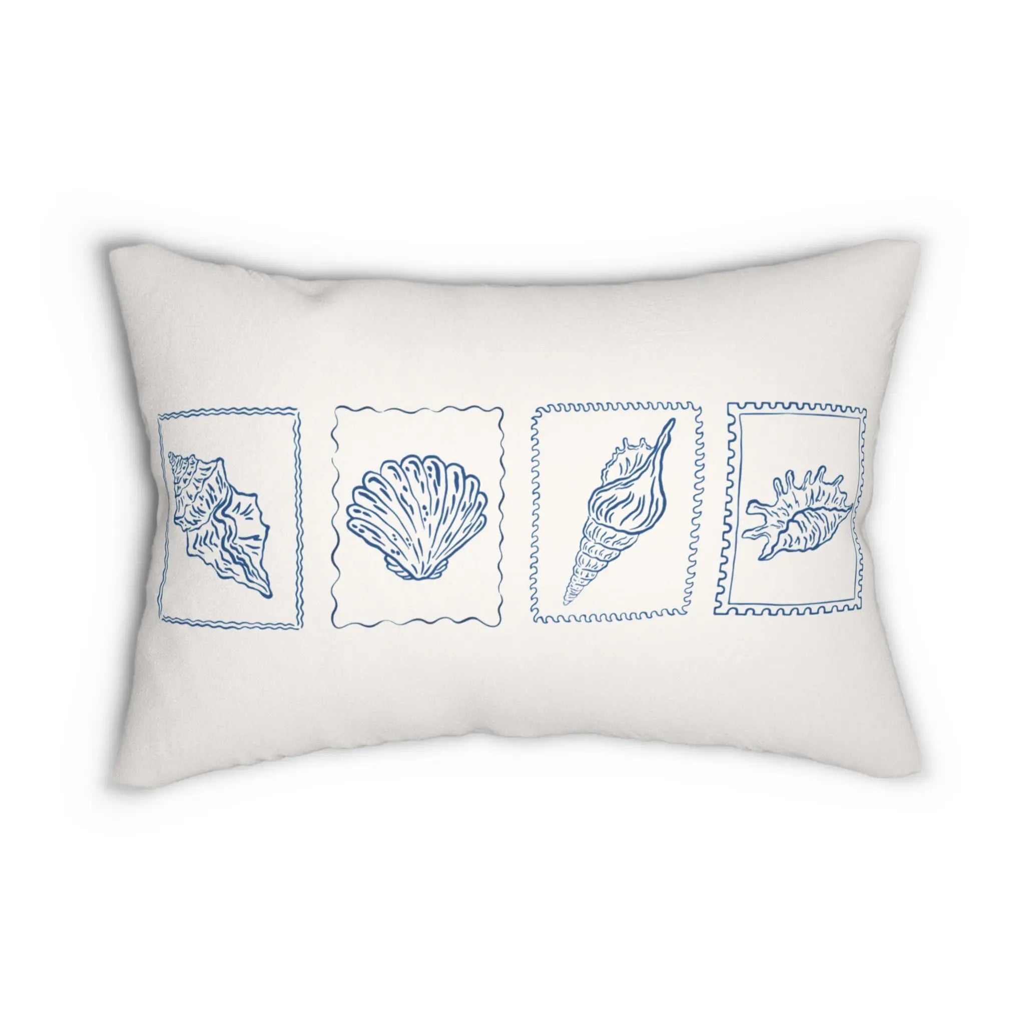 Seashell Reverie lumbar pillow by Printify; white throw pillow with blue shell illustrations.