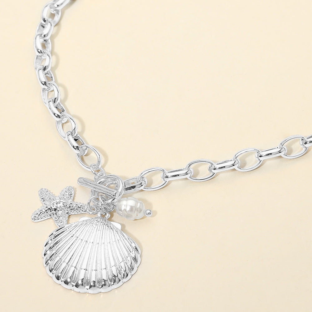 Seashell starfish pearl charm toggle chunky chain necklace in coastal statement style