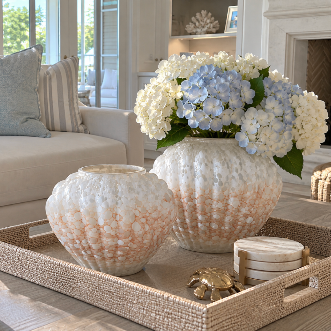 Seashell vase styled as elegant coastal home decor.