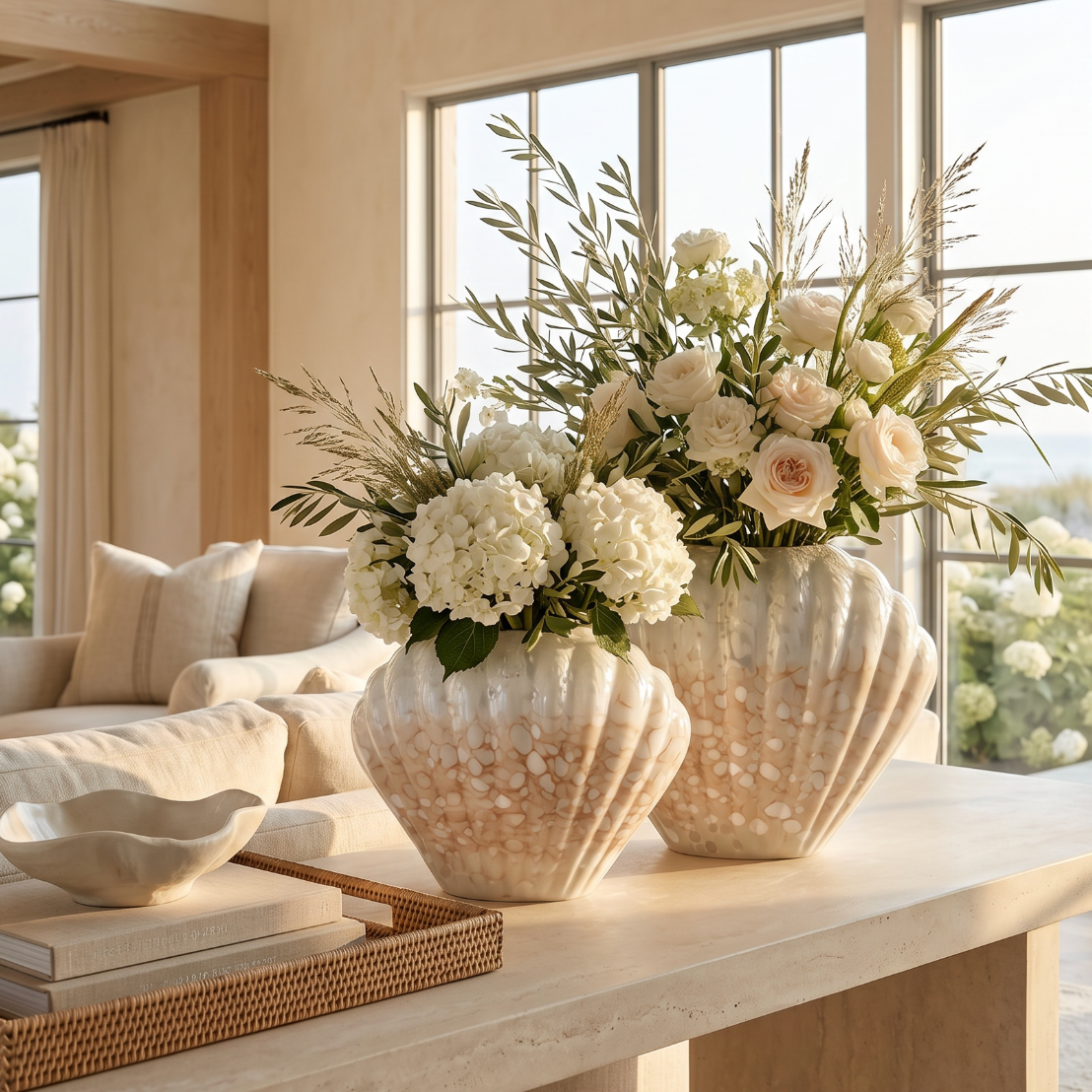 Ceramic seashell vase displayed with greenery for coastal living room decor.