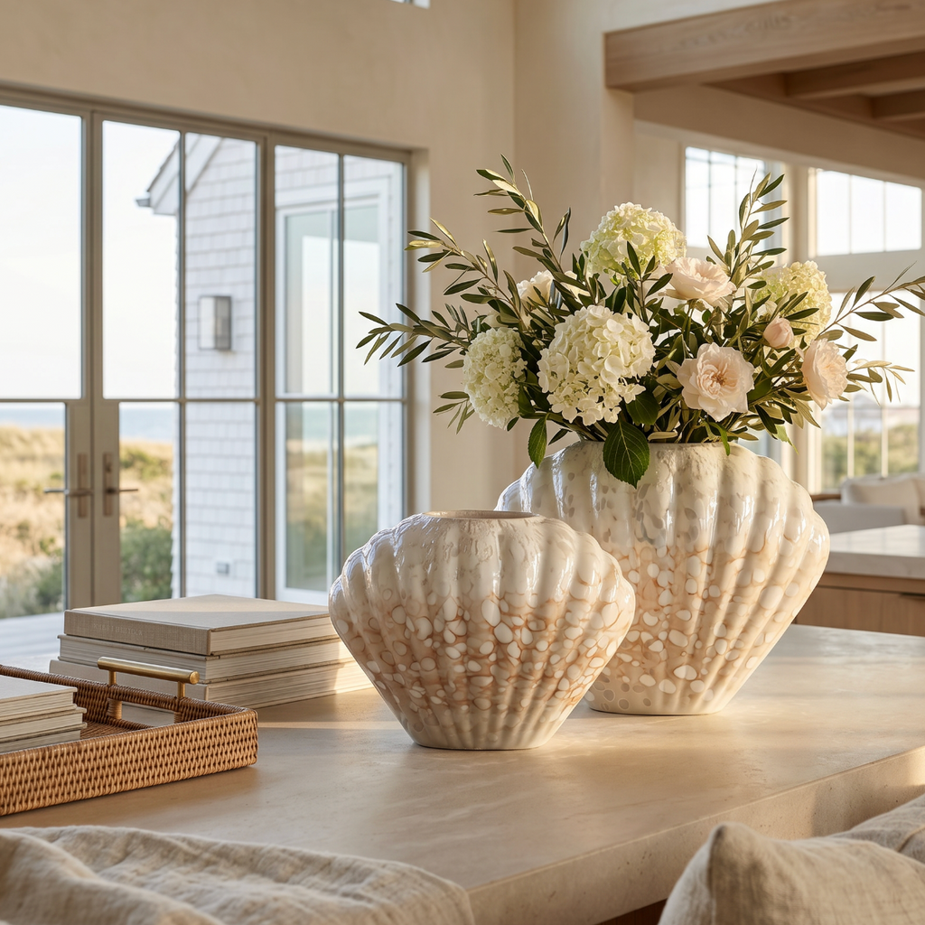Ceramic seashell vase displayed with greenery for coastal living room decor