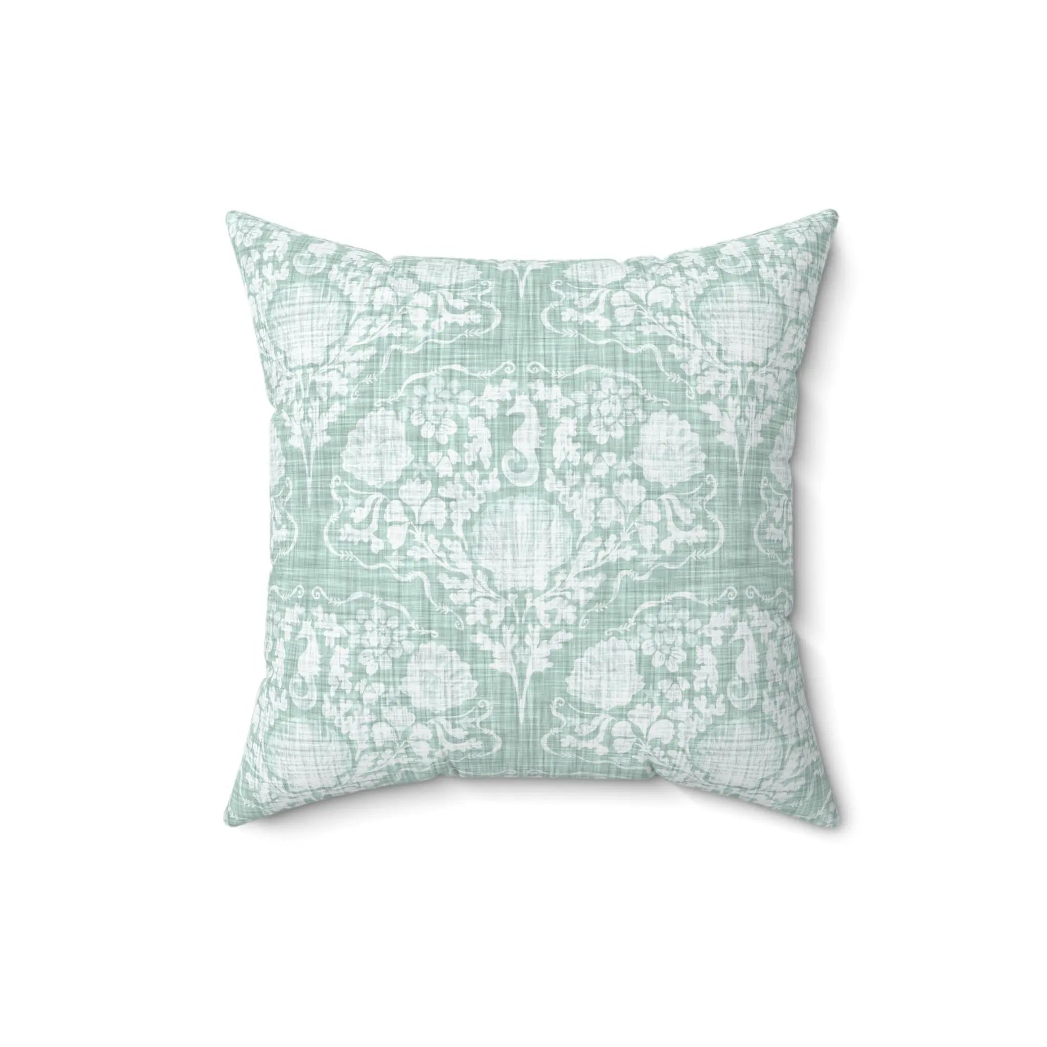 Coastal Crest Seahorse Pillow on seafoam damask fabric with seahorse accents.