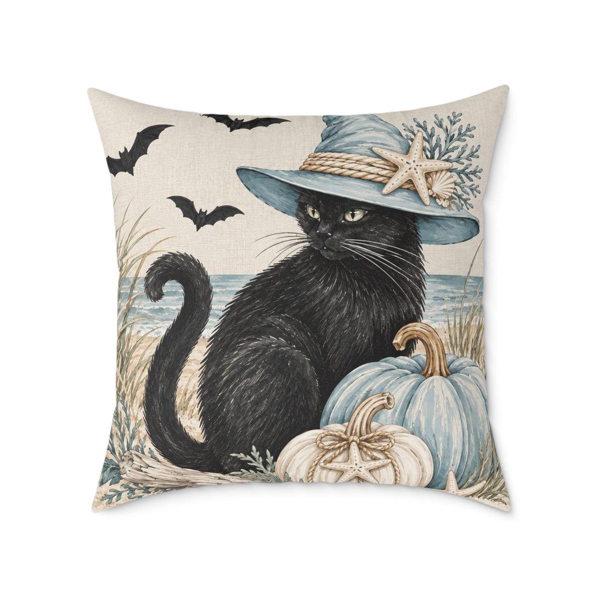 Seaside Halloween cat pillow with a black cat, bats, shell, starfish, and pale blue pumpkin