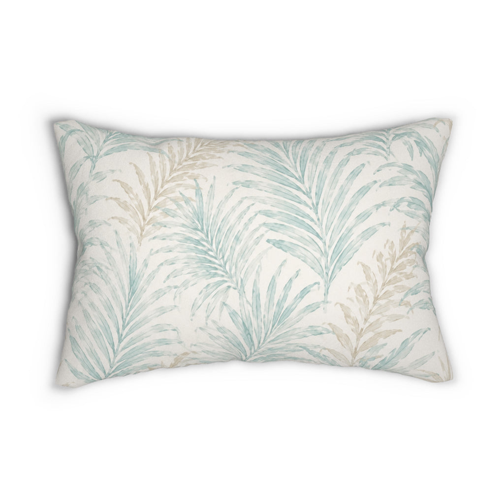 Neutral coastal frond lumbar pillow designed for targeted lower‑back support on wicker chairs and window seats.