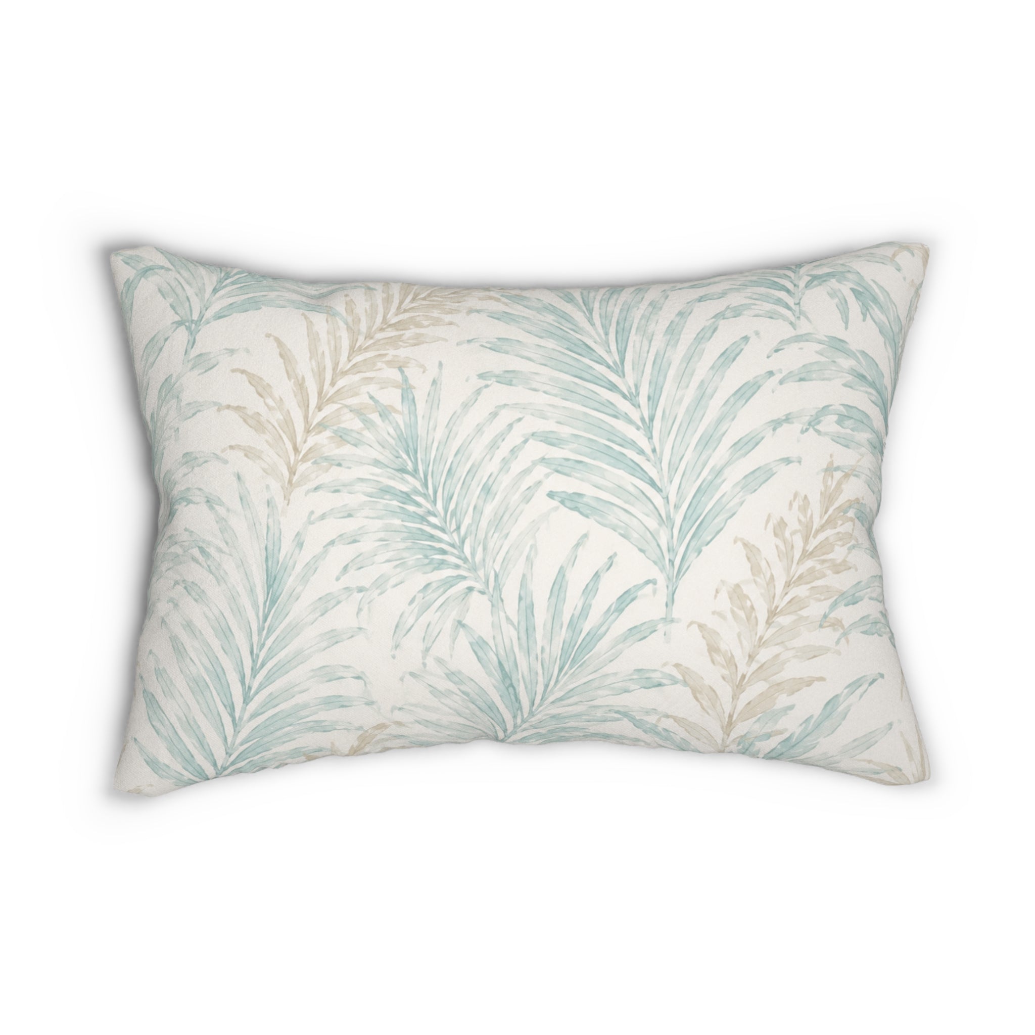 Neutral coastal frond lumbar pillow designed for targeted lower‑back support on wicker chairs and window seats.