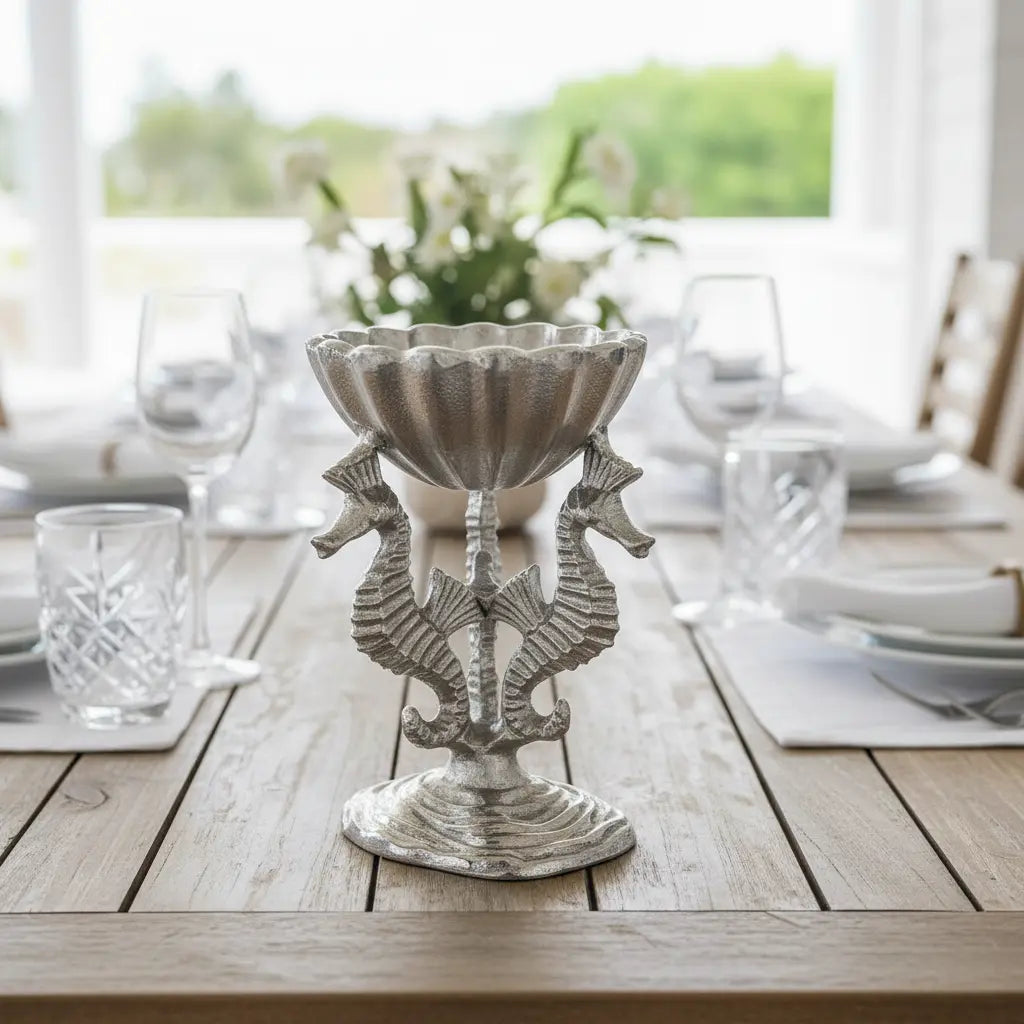 Decorative seahorse stand with a bowl on a wooden table.