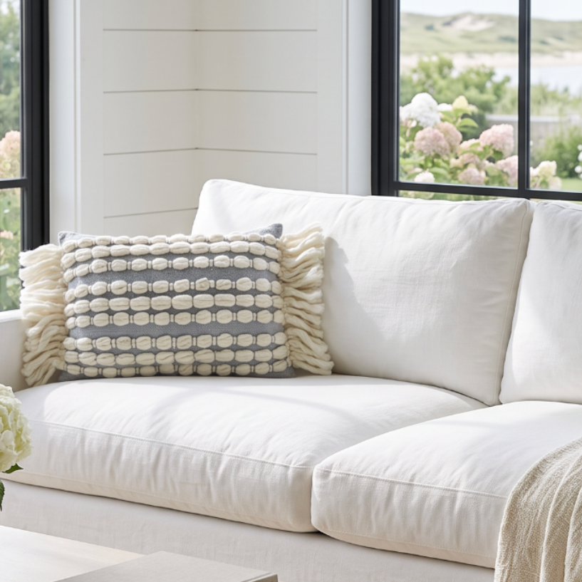 Coastal cottage cushion featuring rows of cream loops on a grey background for soft shoreline charm.