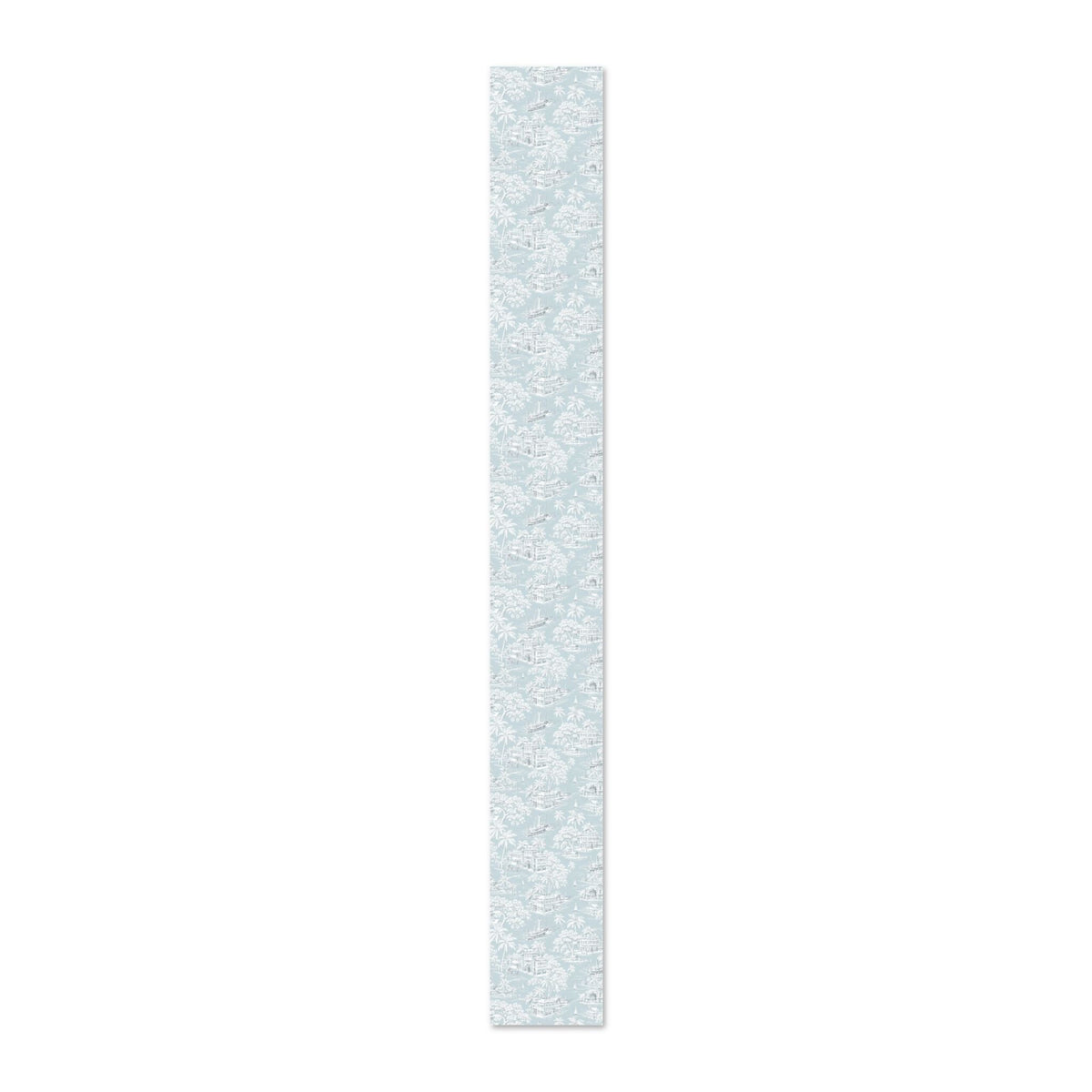 Blue and white seaside village wallpaper featuring traditional homes and scenic waterfront details.