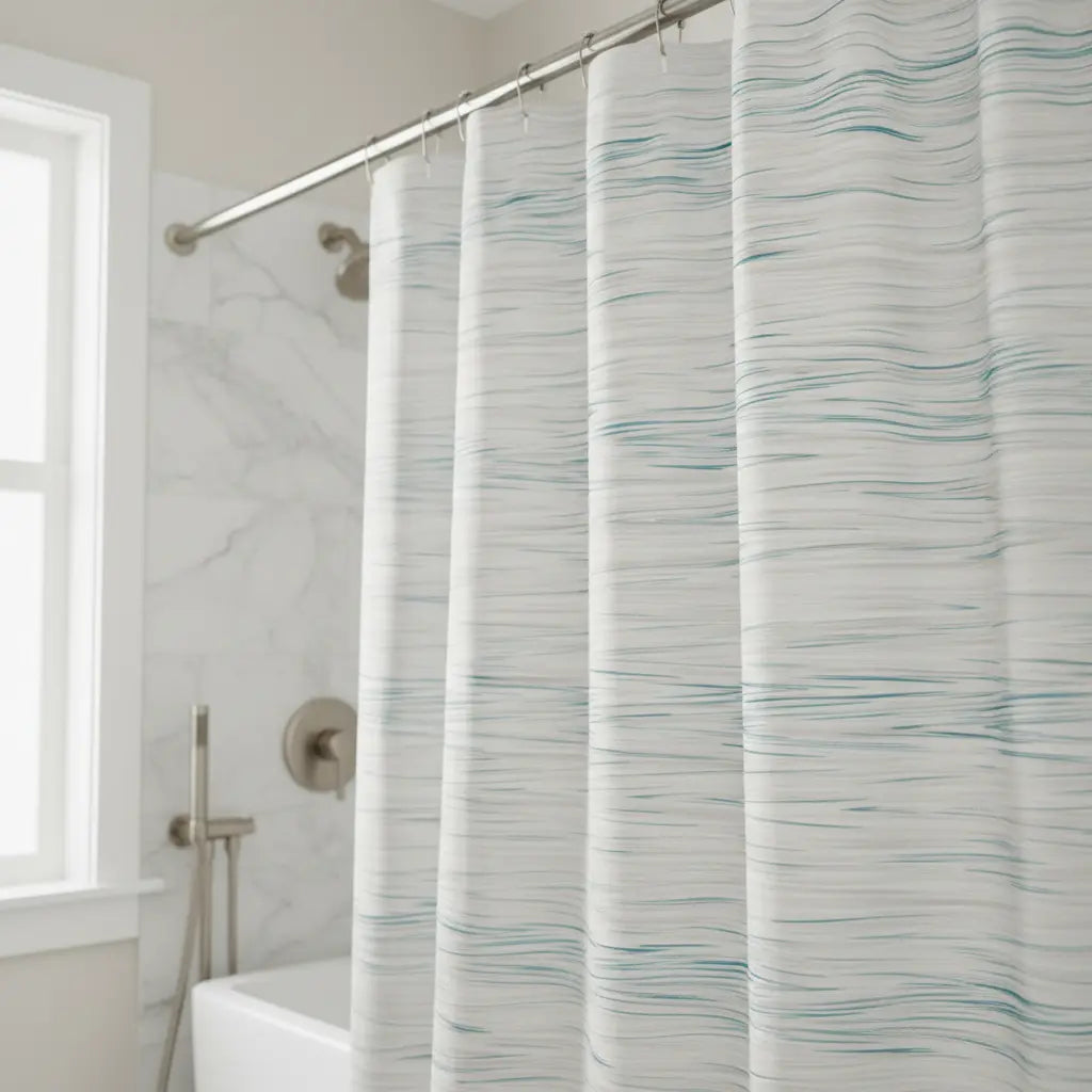Coastal Breeze Shower Curtain with pale blue watercolor ripples on white polyester in a spa-like bathroom.