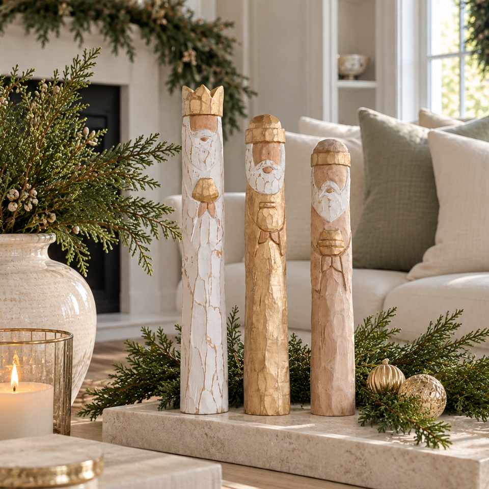 Set of three hand-carved mango wood Wisemen figurines with natural wood, white, and gold painted finishes.