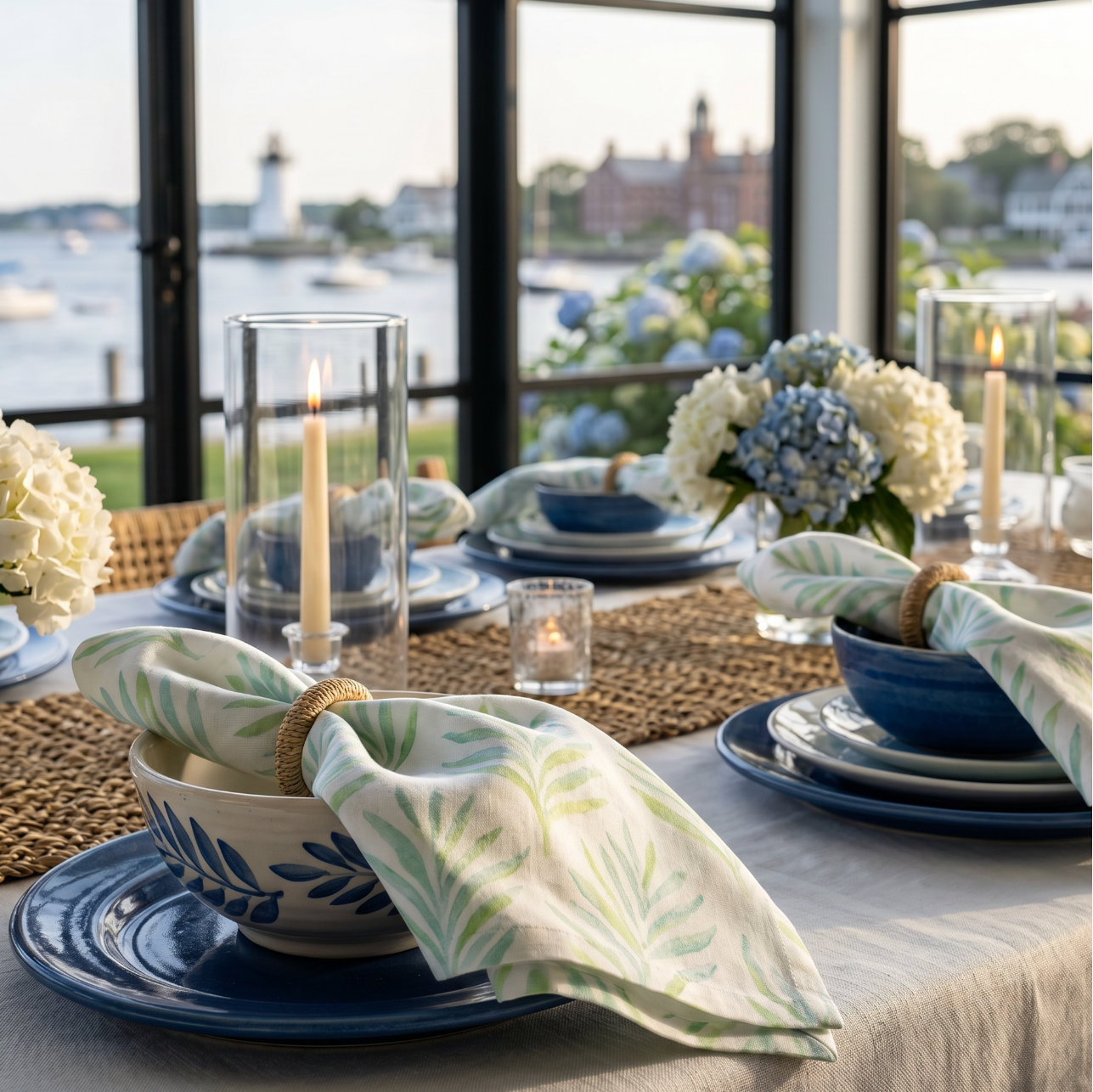 Set of four white cloth napkins with soft green and blue leaf print, styled with rattan rings on a coastal dining table.