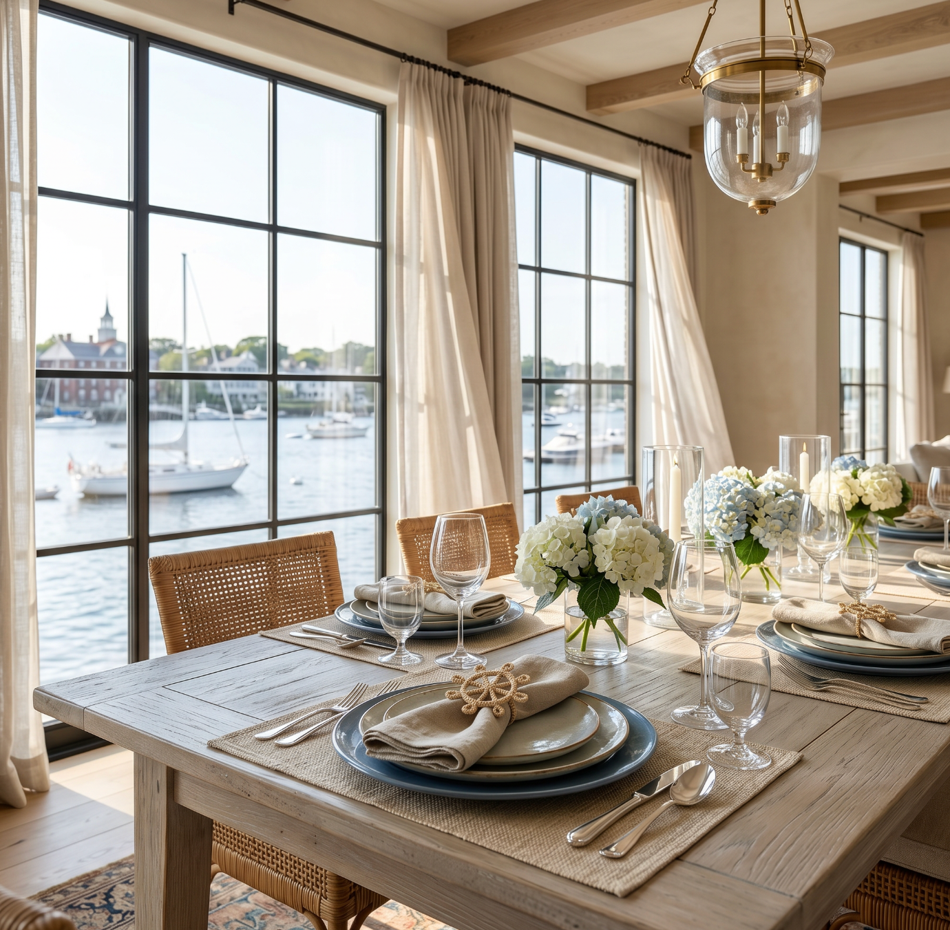 Nautical ship wheel napkin rings used with striped cloth napkins for a seaside dinner table