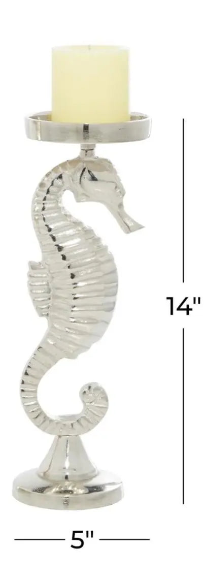 Polished silver seahorse candle holder on a round base, 14 inches tall, 5 inches wide, with a candle.