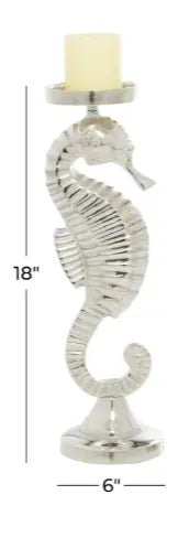 Silver Seahorse Candle Holder on pedestal, 18 inches tall, polished aluminum finish.