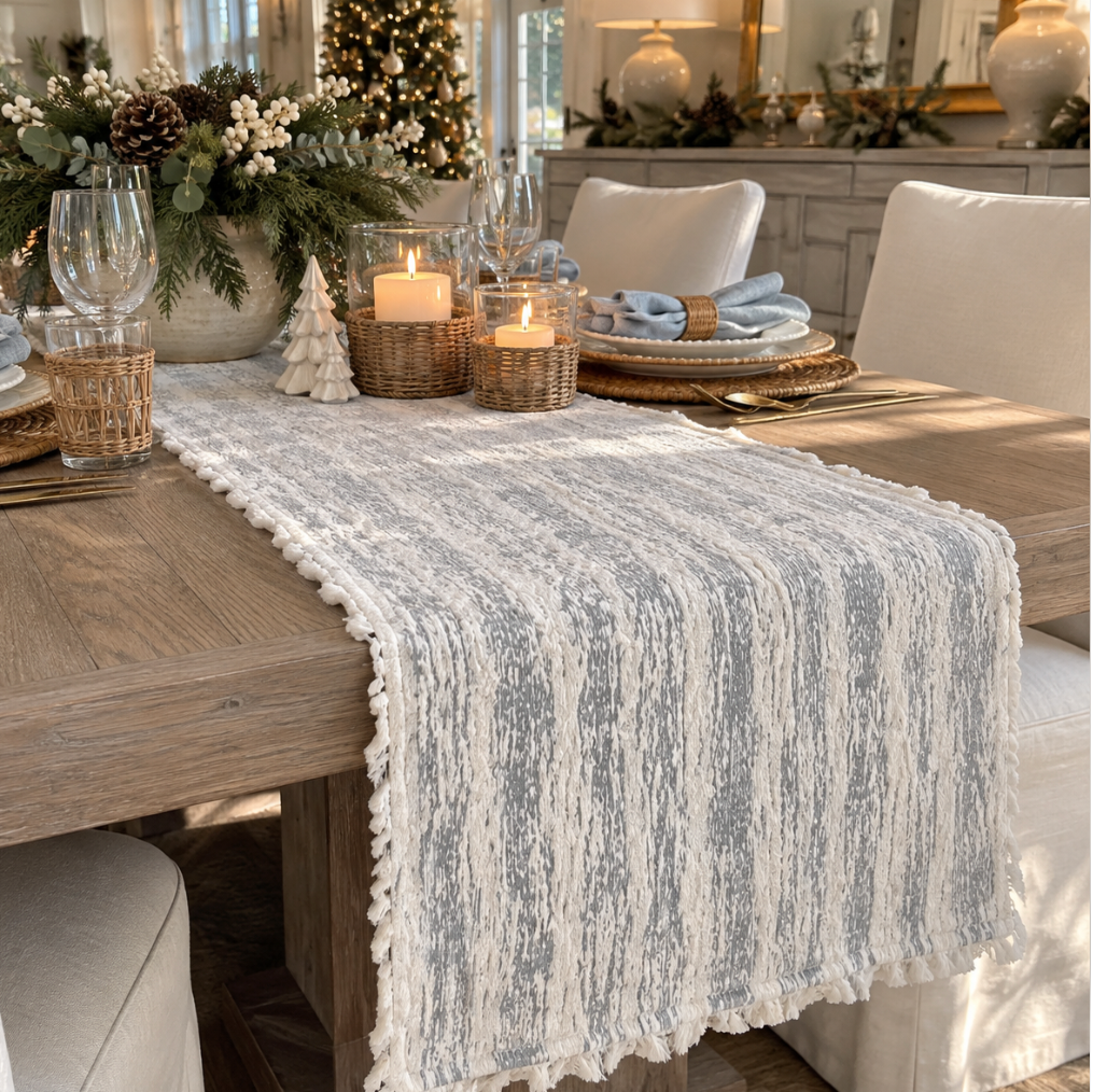 Silver faux fur metallic table runner with shimmering detailing for sophisticated winter dining and Christmas table décor.