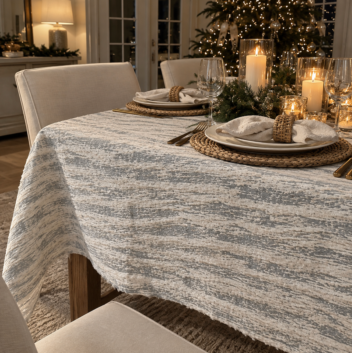 Silver metallic faux fur tablecloth for elegant winter entertaining, festive dining, and holiday table settings.