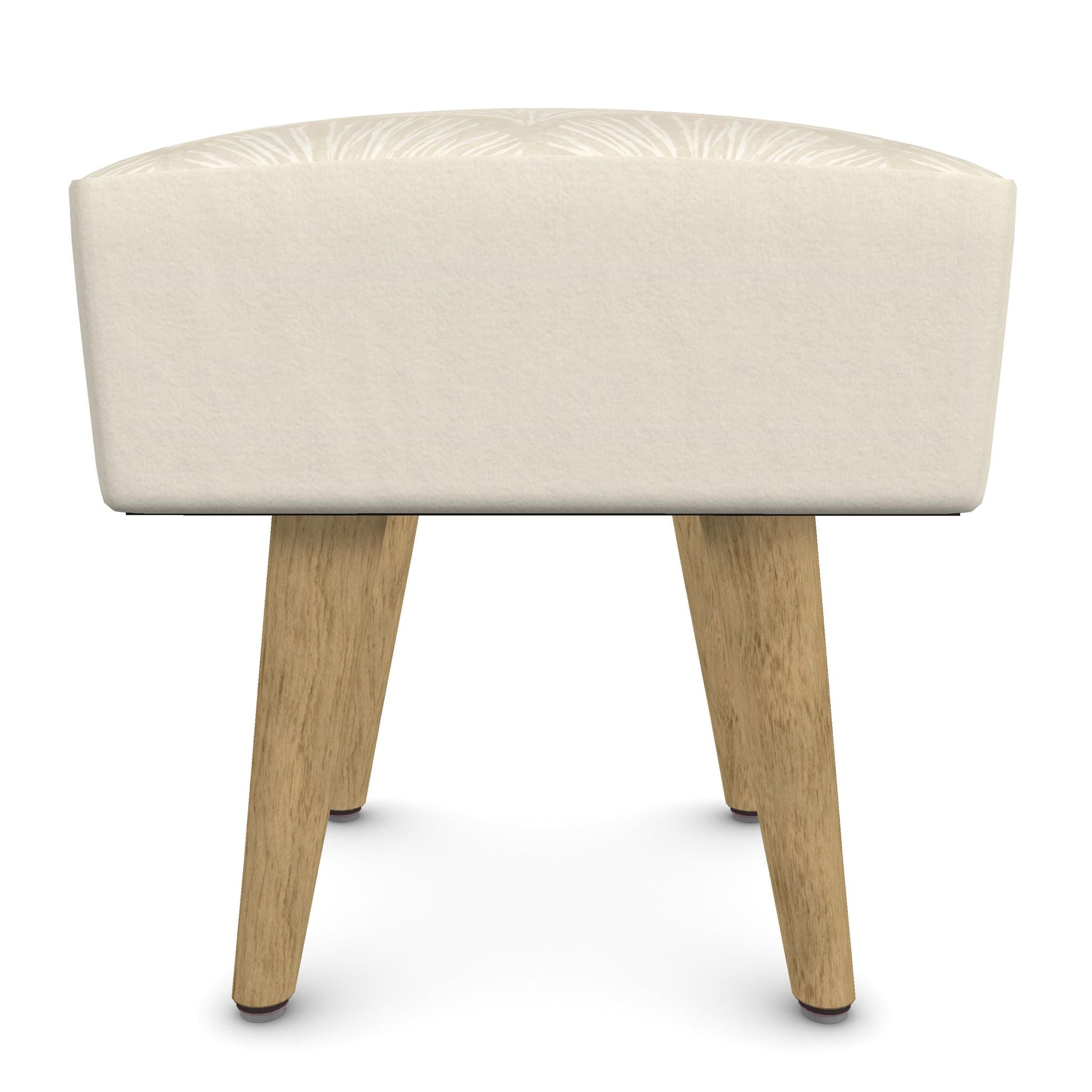 Square padded footstool with a coastal coral-branch pattern on the seat and four blond wood legs.