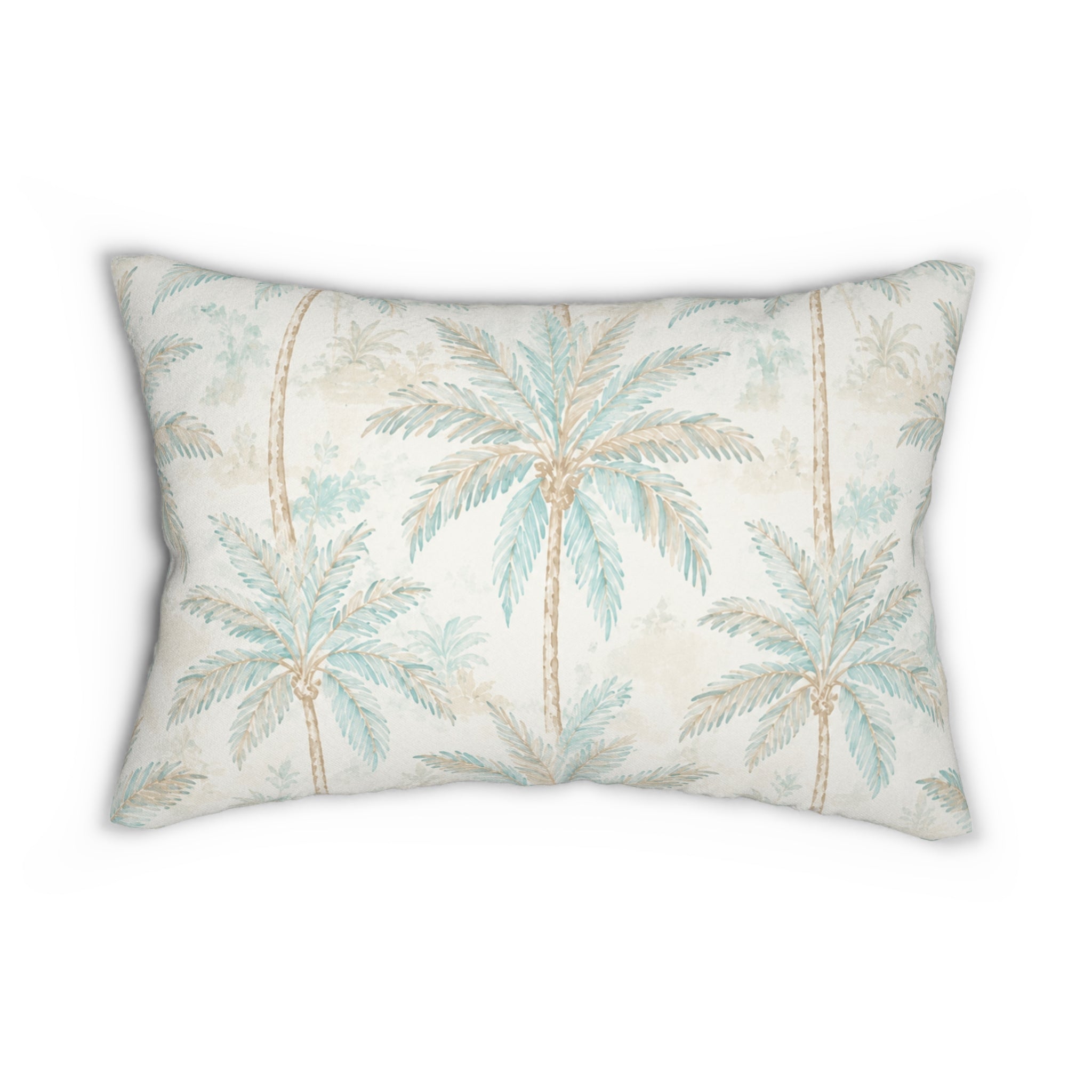 Coastal palm lumbar pillow with layered palm silhouettes for an easy island feel.