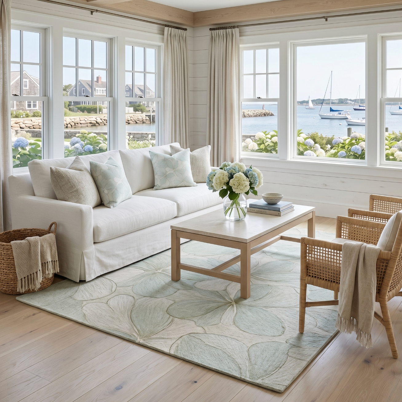 Soft aqua and cream floral area rug with overlapping petal shapes creating a calm, coastal look.