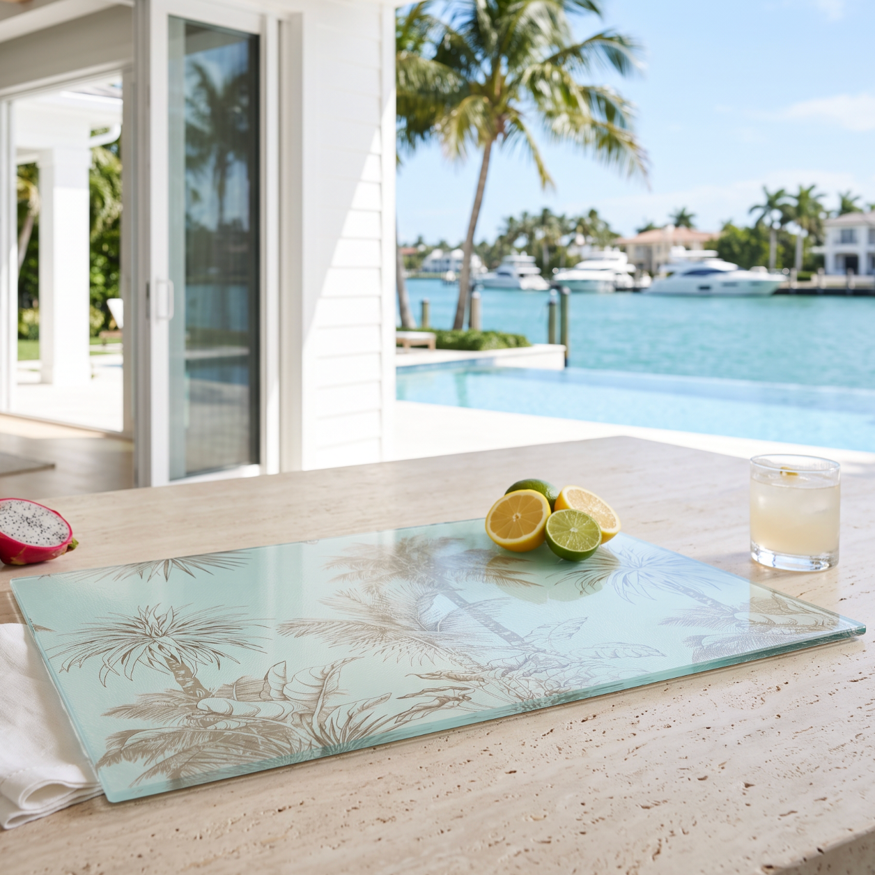 Tropical palm motif cutting board adding a relaxed island vibe to the cooking and serving area.