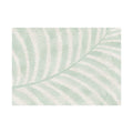 Soft aqua and cream palm leaf area rug with sweeping fronds creating a calm, coastal look.