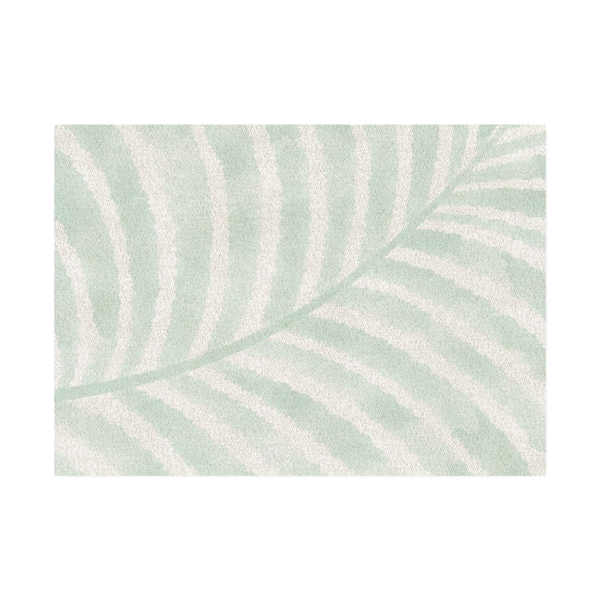 Soft aqua and cream palm leaf area rug with sweeping fronds creating a calm, coastal look.