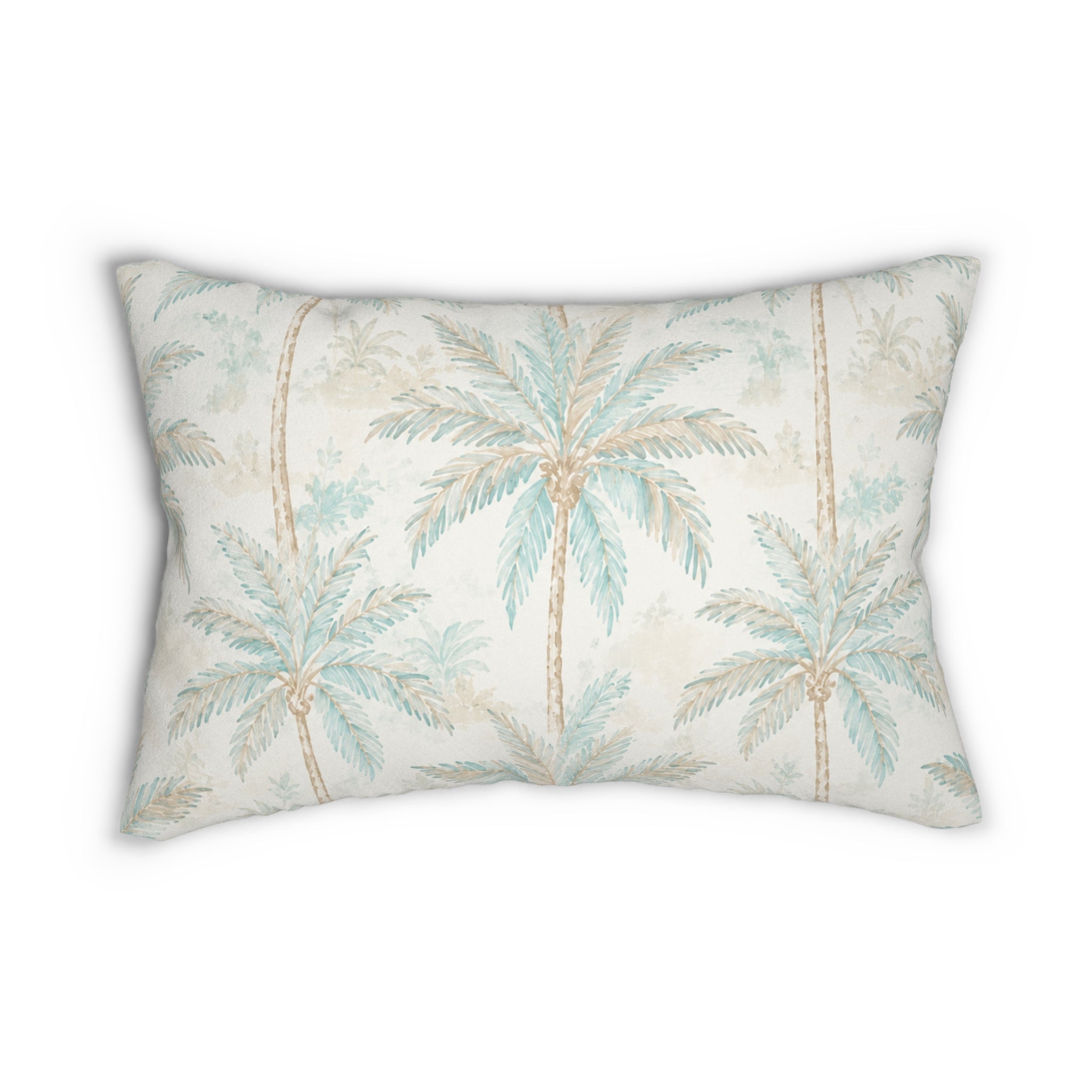 Light ivory pillow featuring softly rendered palm fronds for understated coastal decor.