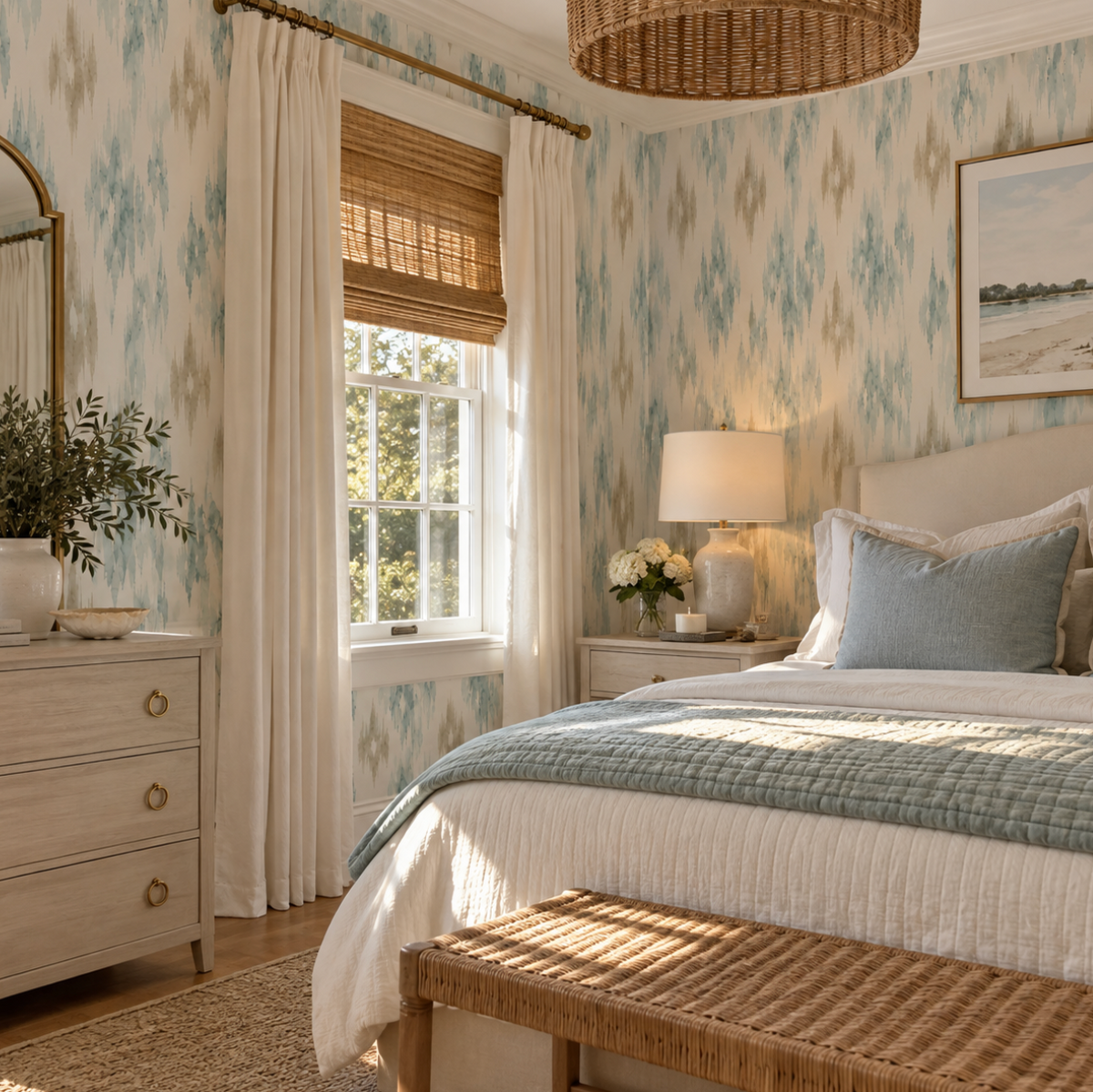Soft blue and tan wallpaper for a bedroom with a light, airy coastal aesthetic.