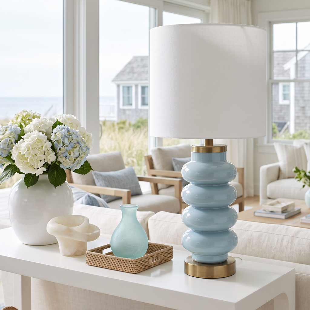 Soft blue ceramic table lamp with a glossy stacked rounded base, brass accents, and a white drum shade.