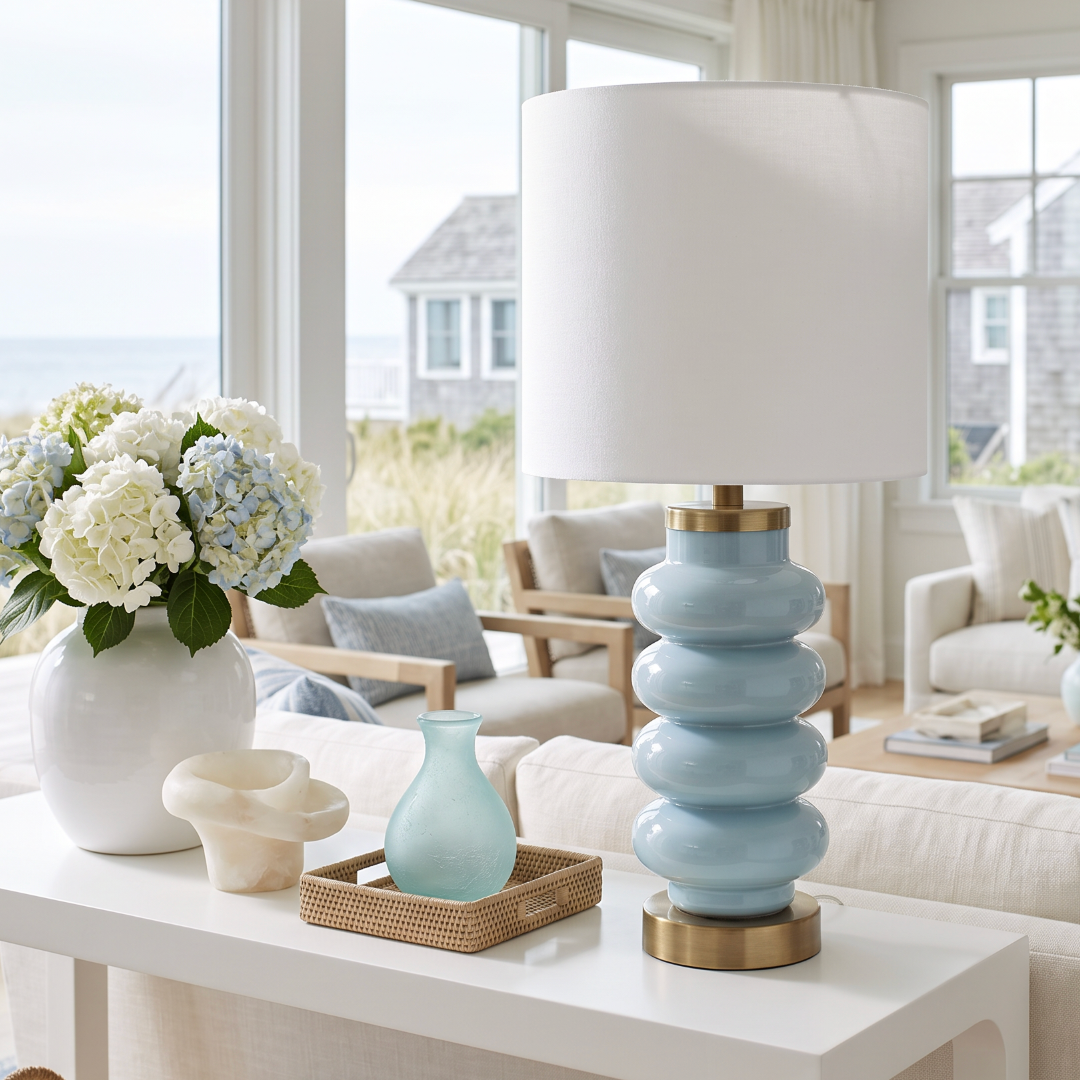 Soft blue ceramic table lamp with a glossy stacked rounded base, brass accents, and a white drum shade.