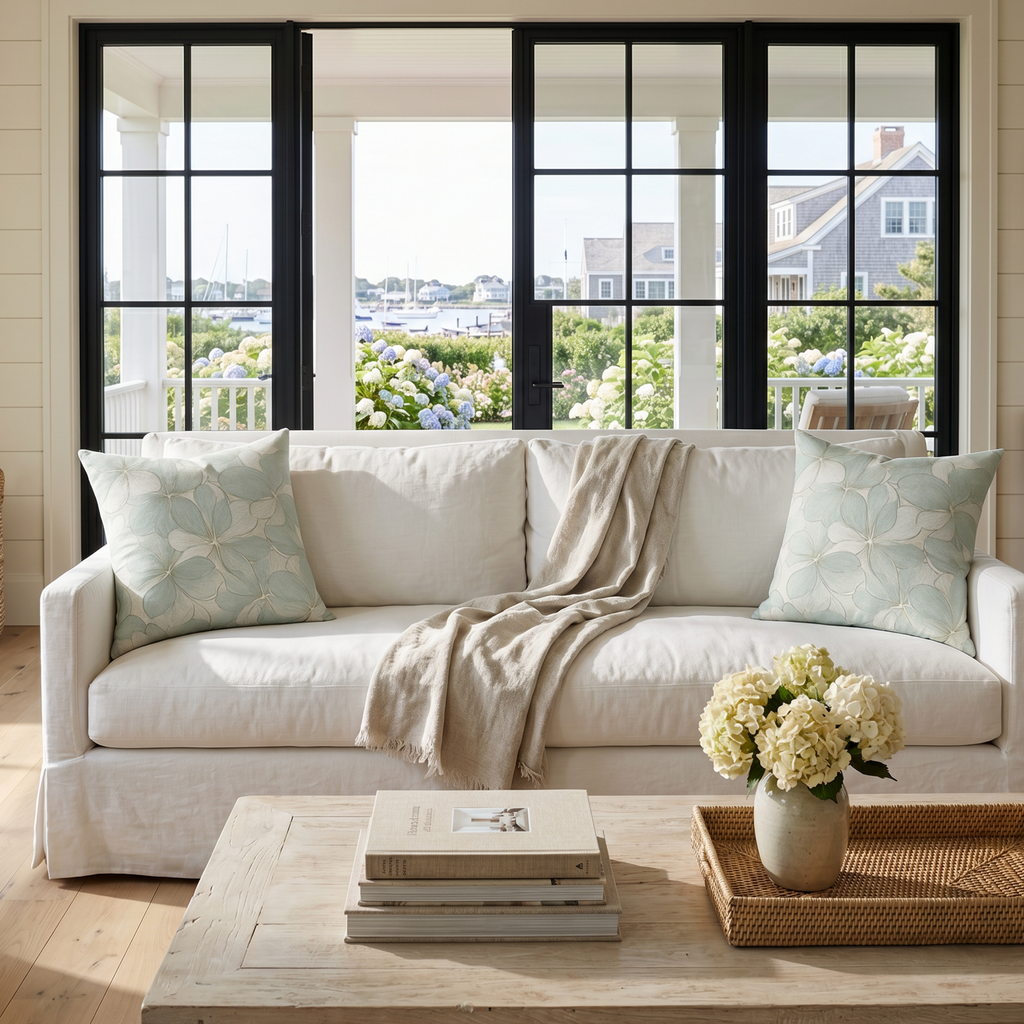 Light blue coastal hydrangea flower pillow used as decorative accent on a beige couch with ocean view.