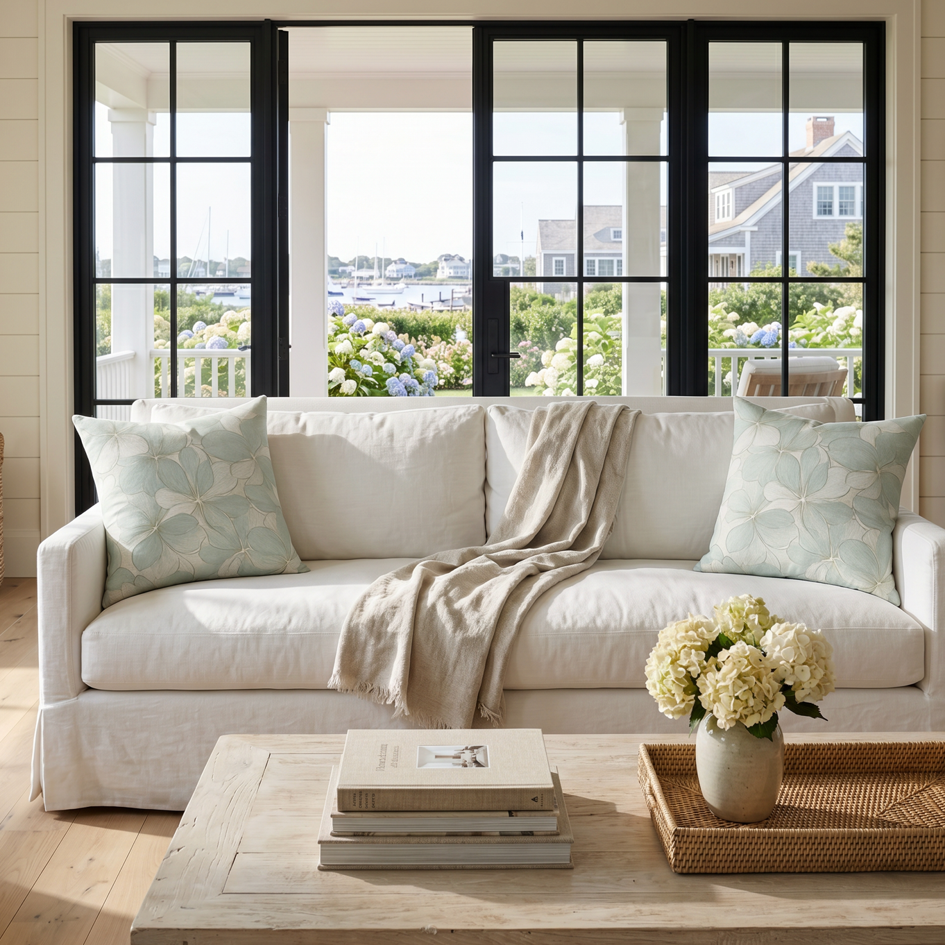 Light blue coastal hydrangea flower pillow used as decorative accent on a beige couch with ocean view.