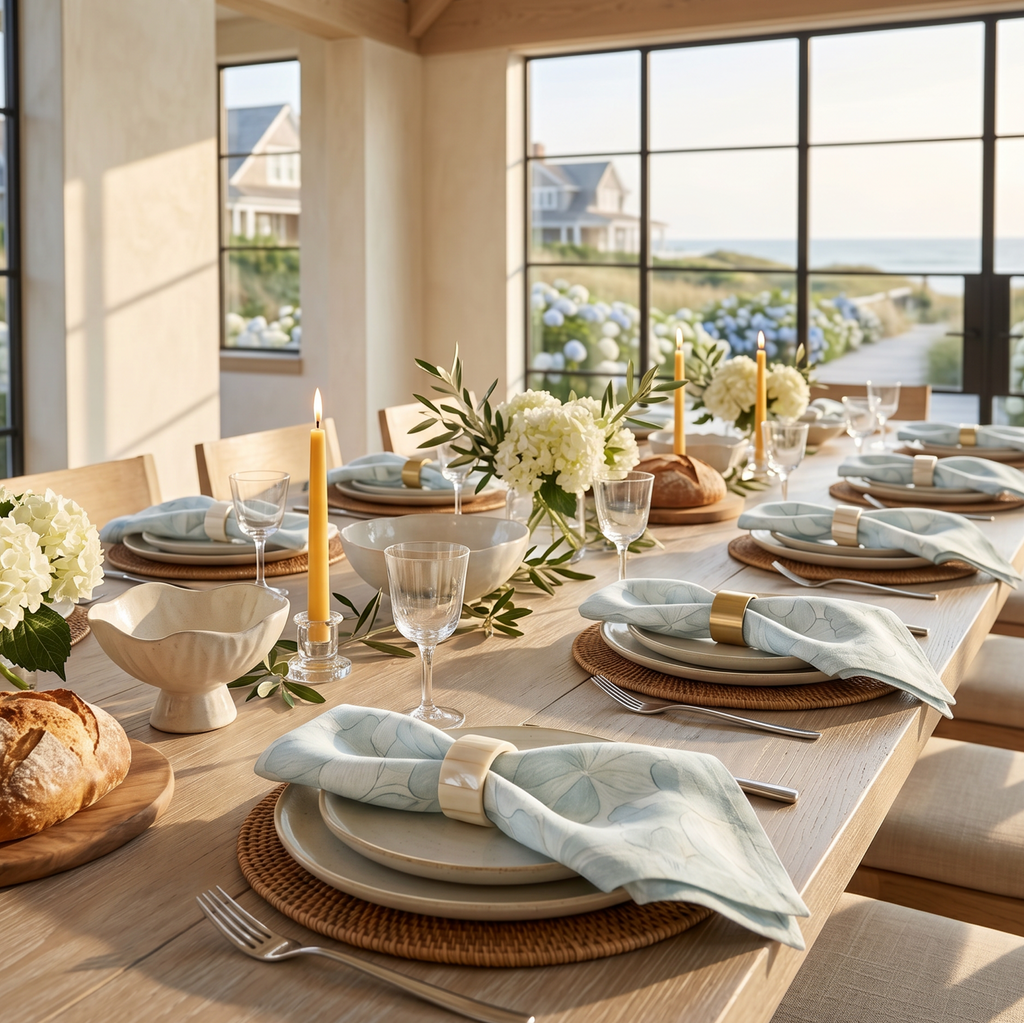 Coastal hydrangea floral linen napkins in light blue used for a beach house dining table.