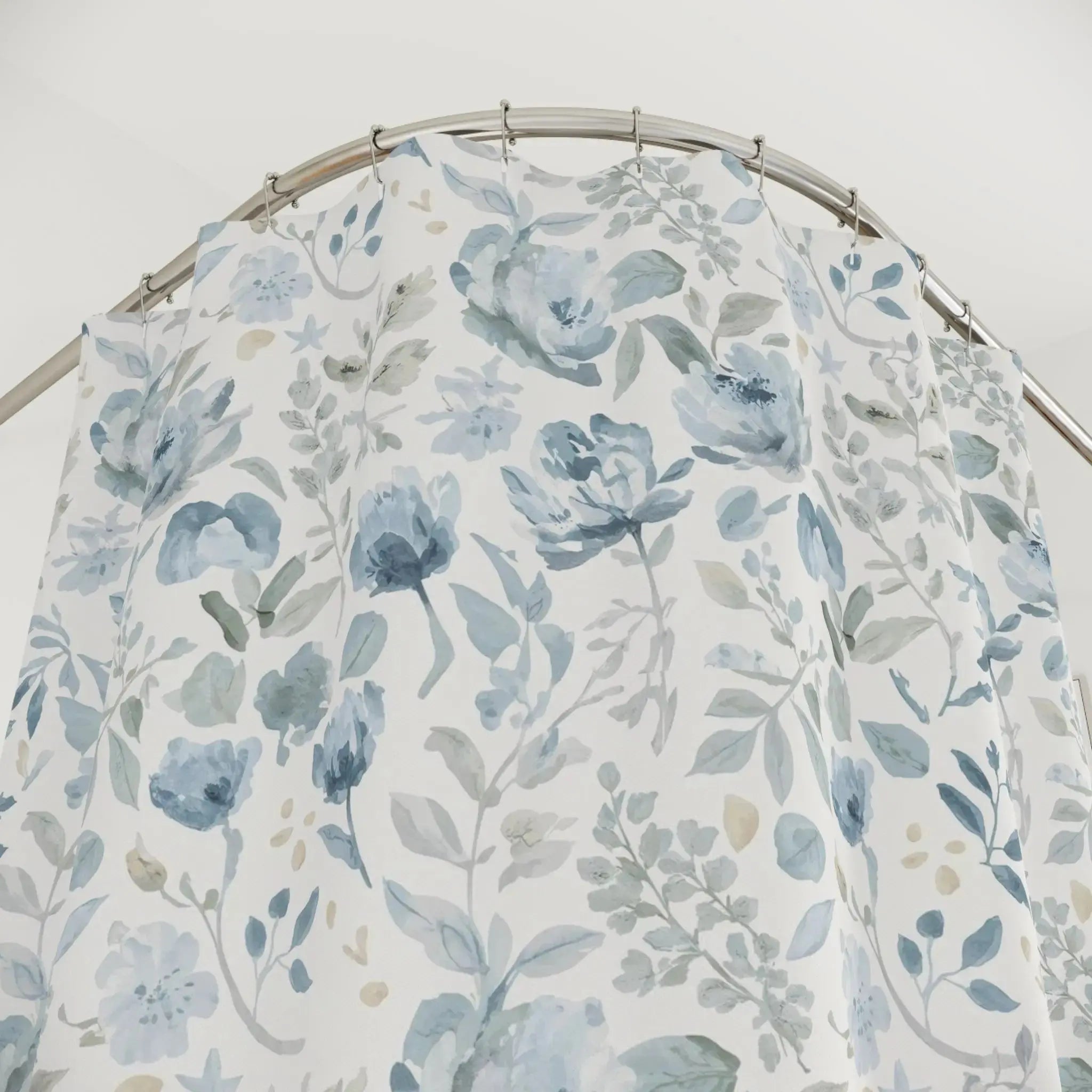 Soft botanical shower curtain with timeless blue and white palette