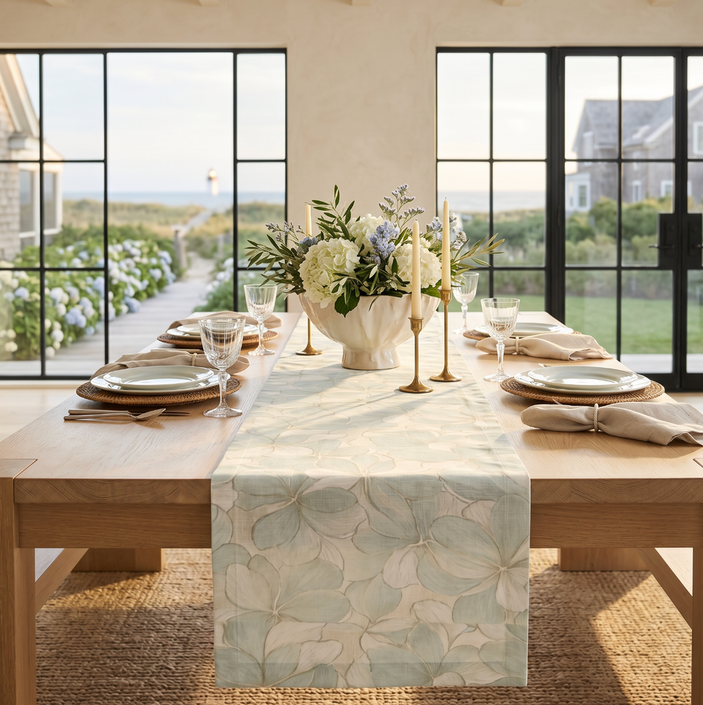 Soft blue hydrangea floral table runner on a neutral coastal dining table.