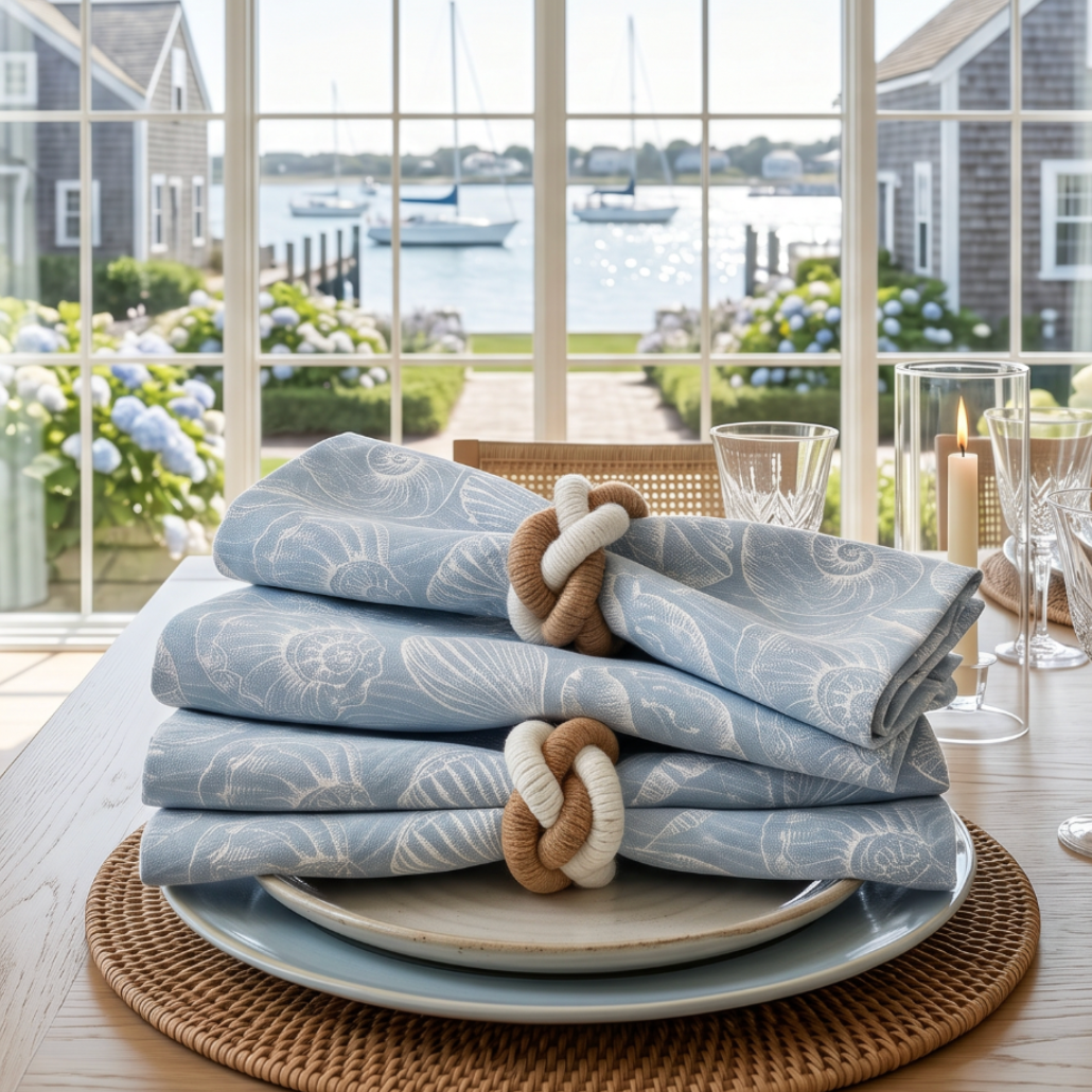 Coastal linen cloth napkins set of four with white seashell design styled for a beach house table setting